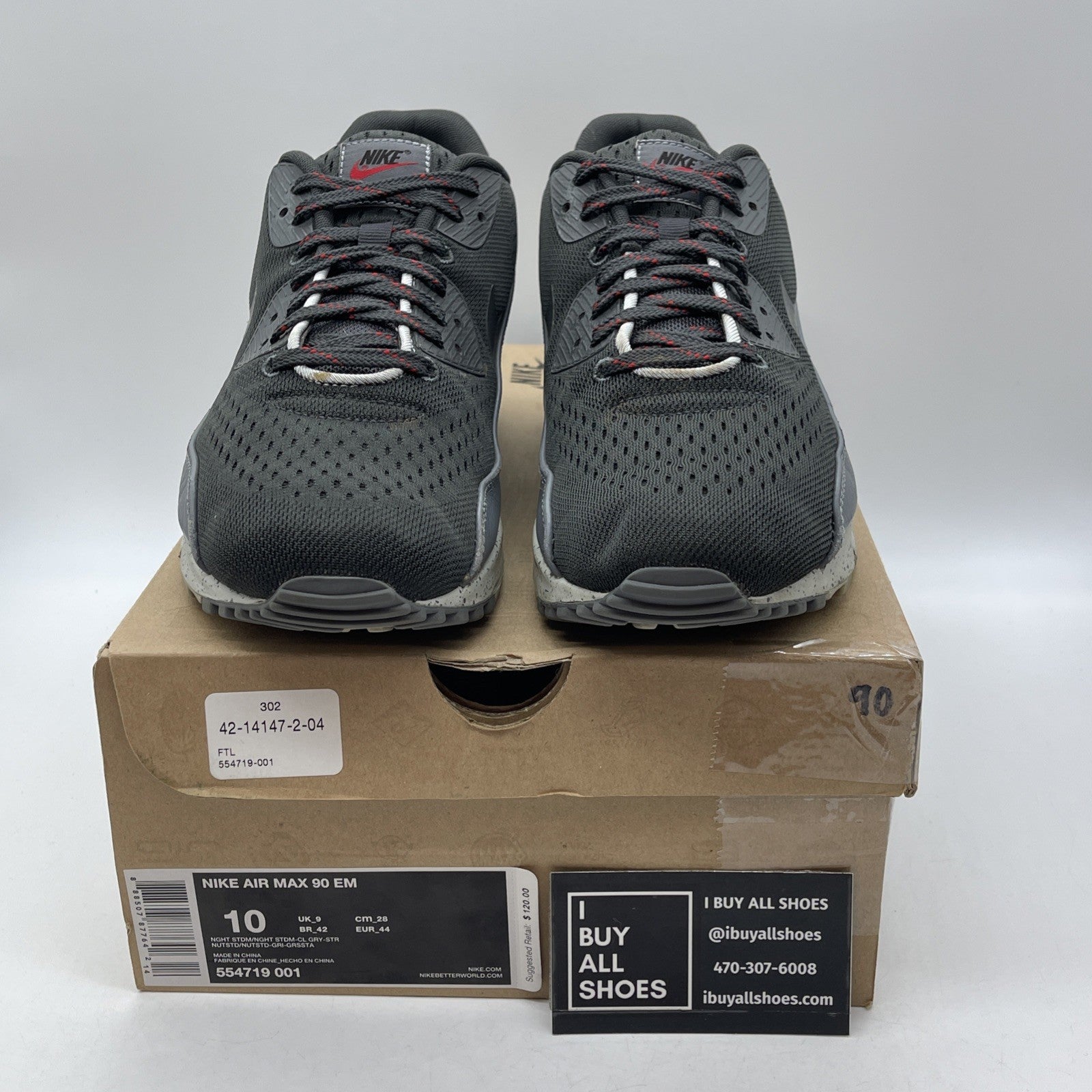 Size 10 - Nike Air Max 90 EM Black Grey Red Suede Leather (554719-001)