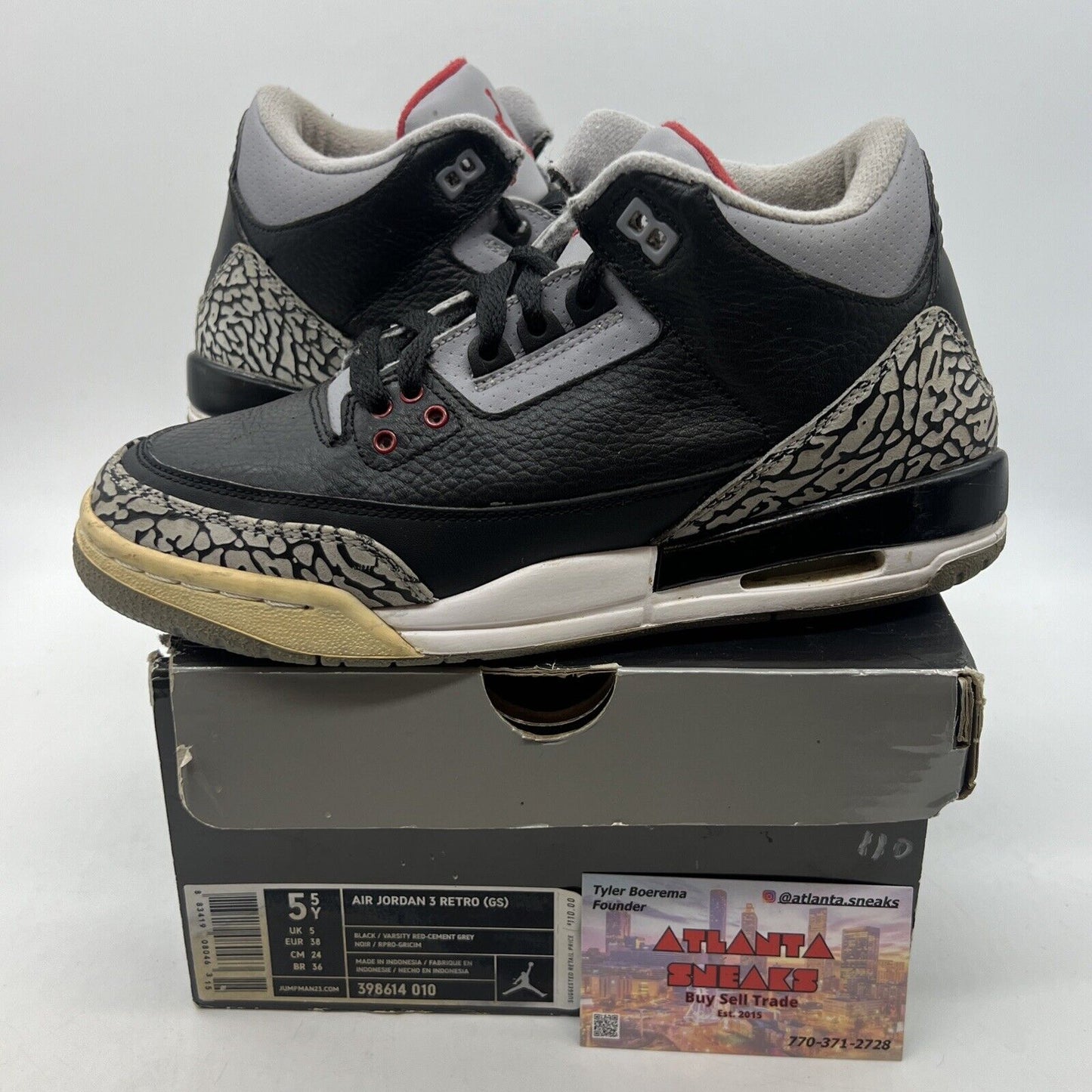 Air Jordan 3  Retro OG Black Cement 2010 Size 5.5Y Grey Red Leather (398614-010)