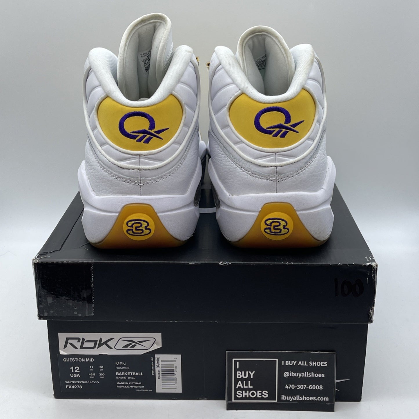 Size 12 - Reebok Question Mid Yellow Toe Purple White Suede Leather (FX4278)