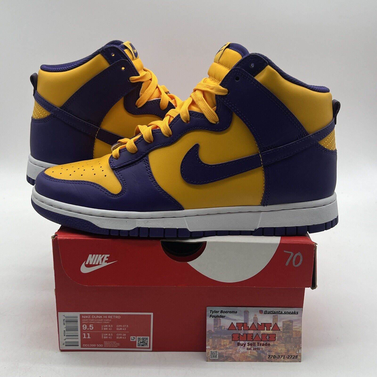 Size 9.5 - Nike Dunk High Lakers Yellow Purple White Leather (DD1399-500)