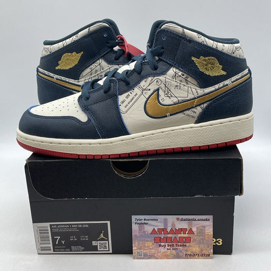 Size 7Y - Nike Air Jordan 1 Mid Take Flight Armory Navy Gold (FN1353-400)