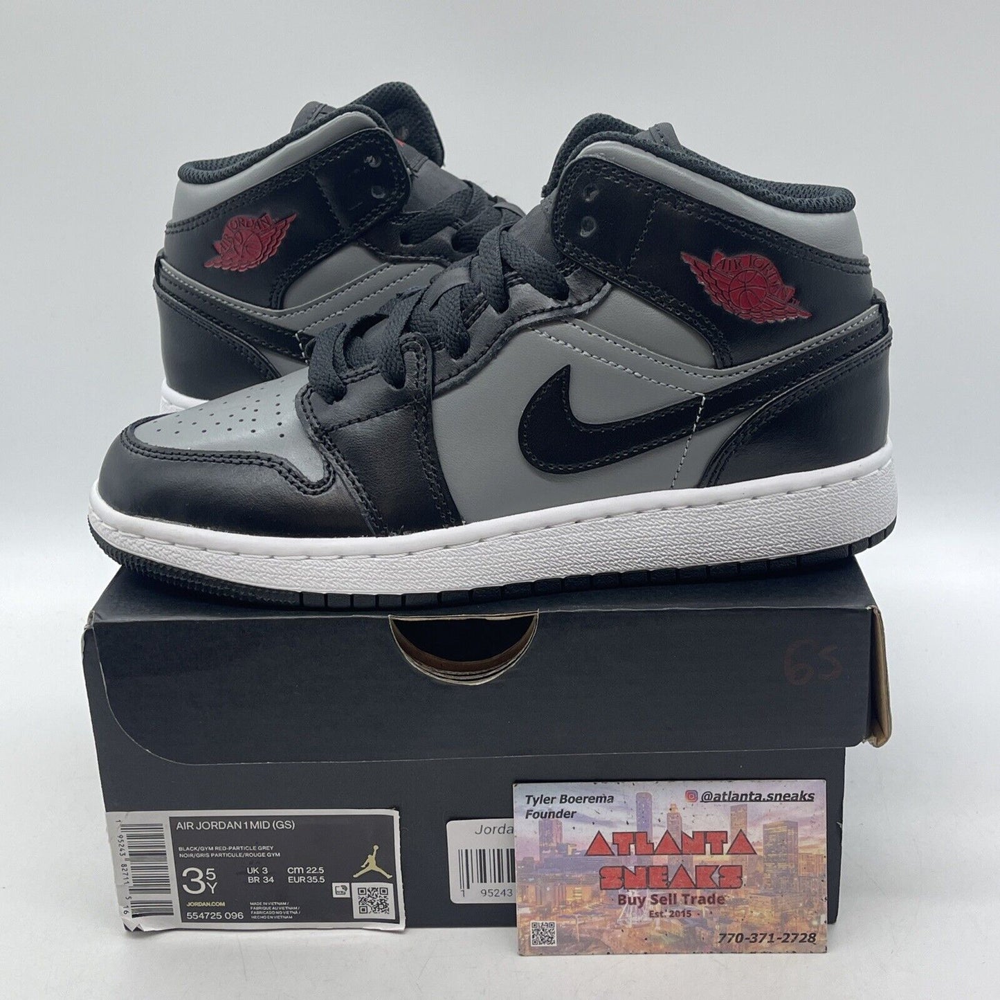 Size 3.5Y - Jordan 1 Mid Black Shadow Grey White Leather (554725-096)