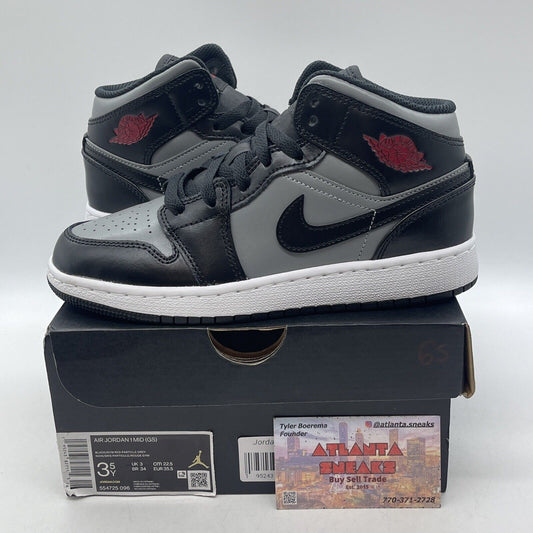 Size 3.5Y - Jordan 1 Mid Black Shadow Grey White Leather (554725-096)