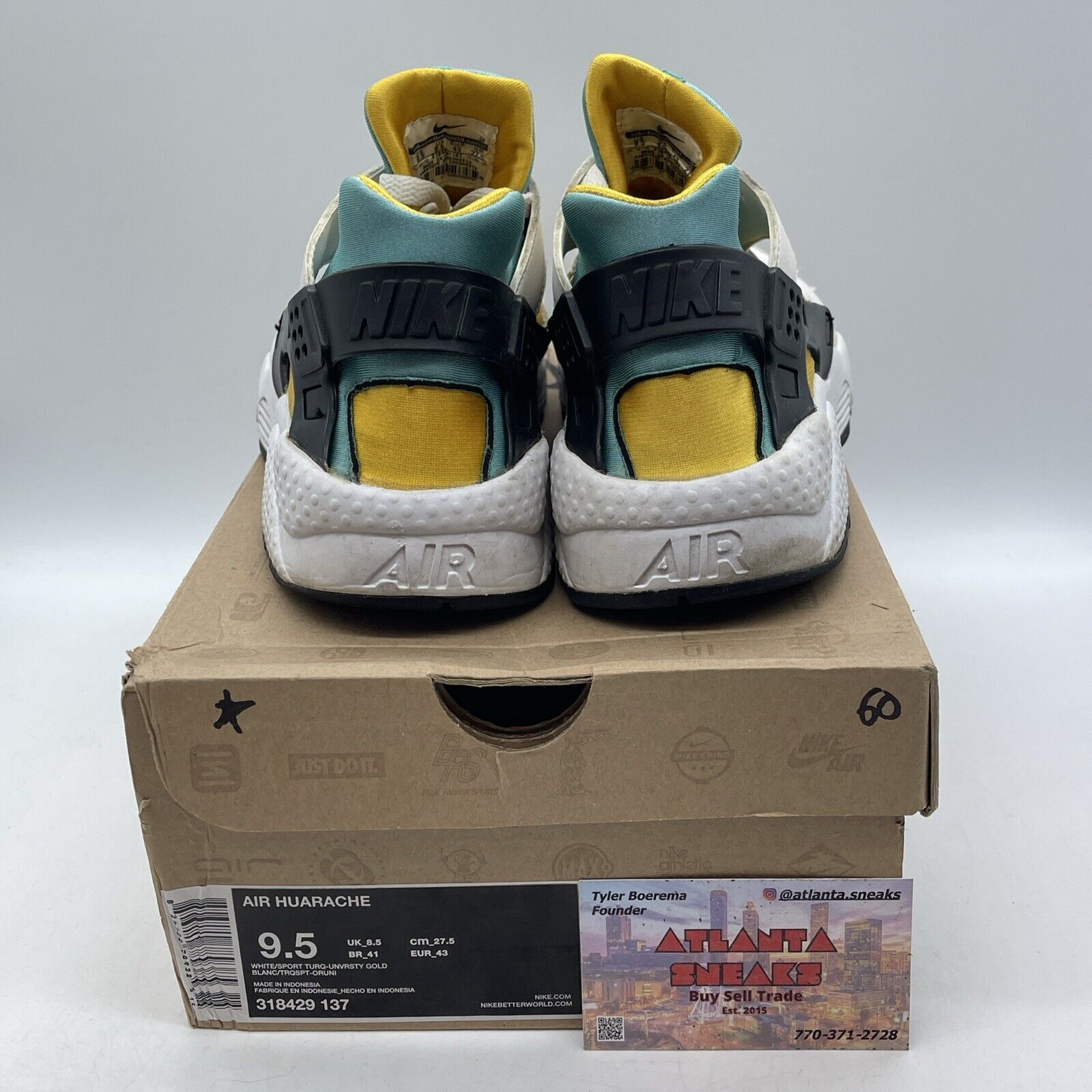 Size 9.5 - Nike Air Huarache White Turquoise Gold Black Suede (318429-137)