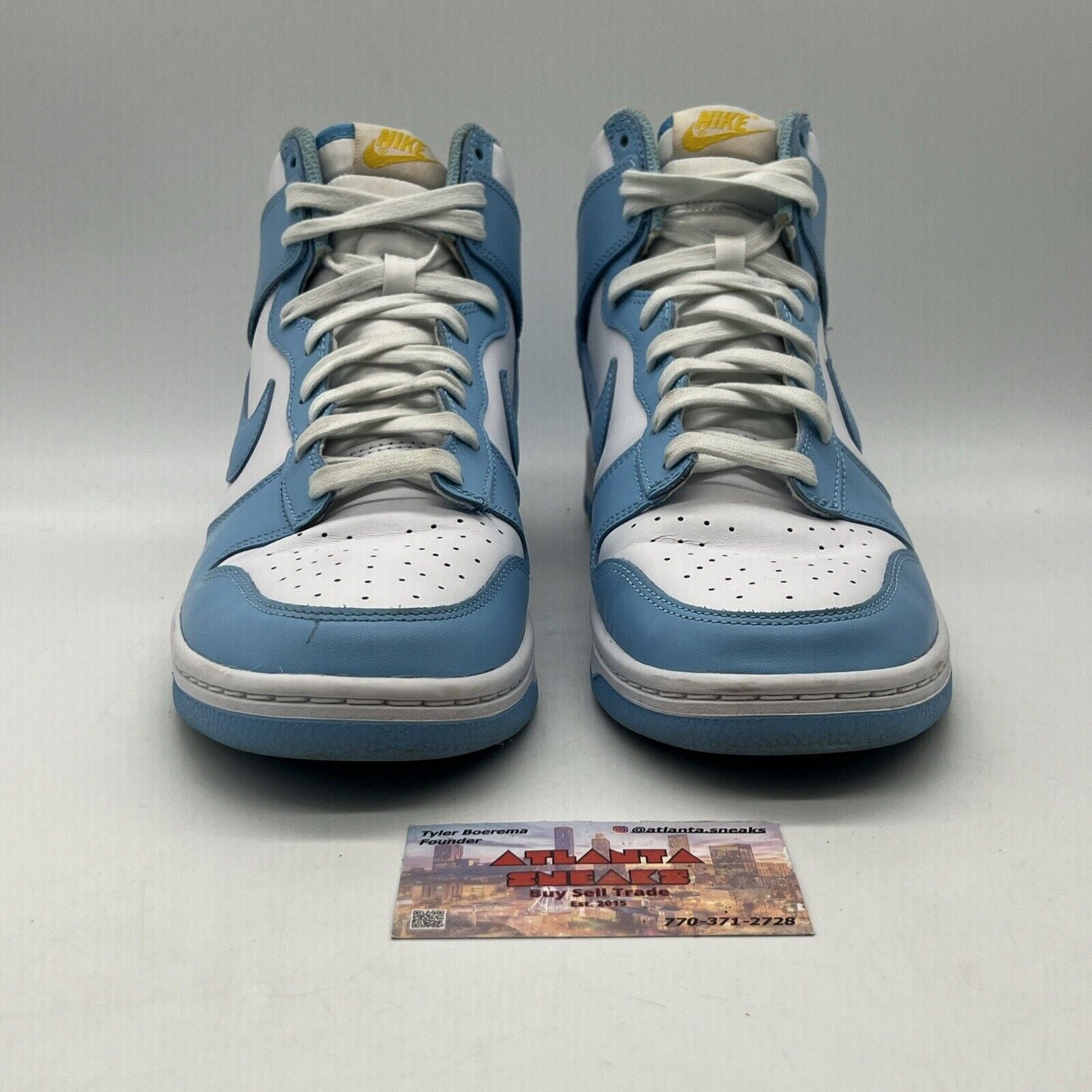 Size 9.5 - Nike Dunk High Blue Chill Leather Used Yellow White Powder Blue