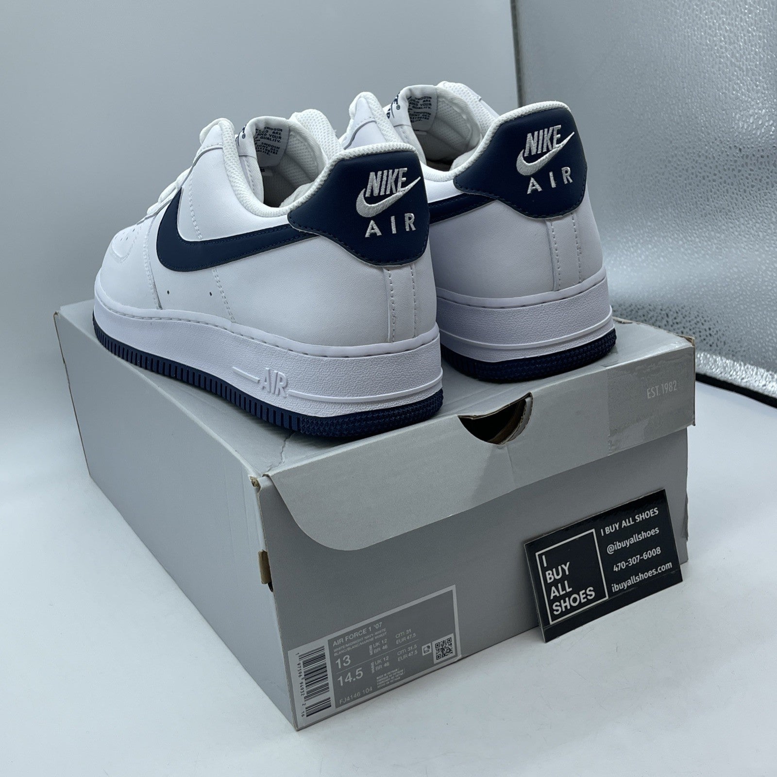 Size 13 -Nike Air Force 1 '07 Low White Midnight Navy Leather (FJ4146-104)