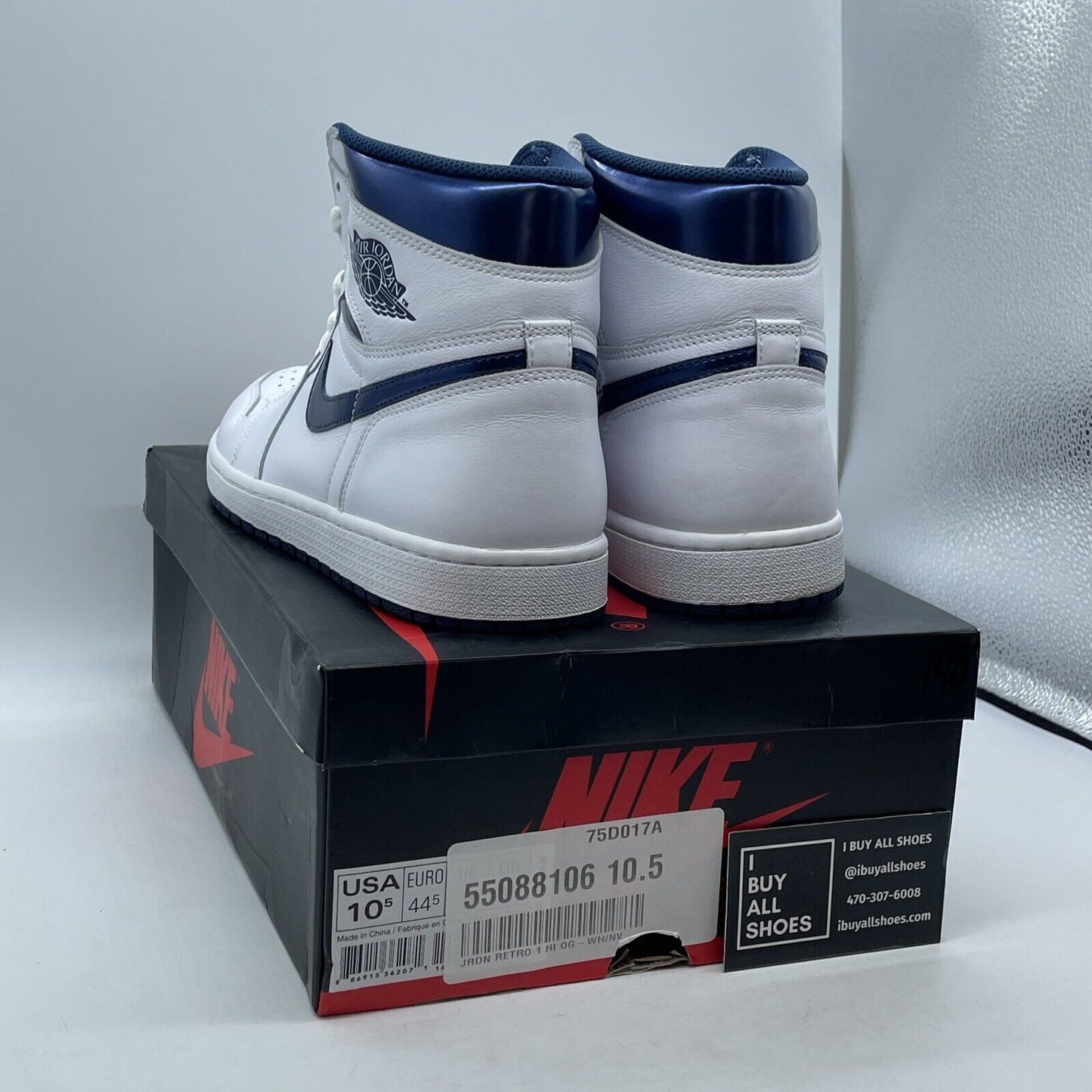 Size 10.5 - Air Jordan 1 Retro OG High Metallic Navy White Leather (555088-106)