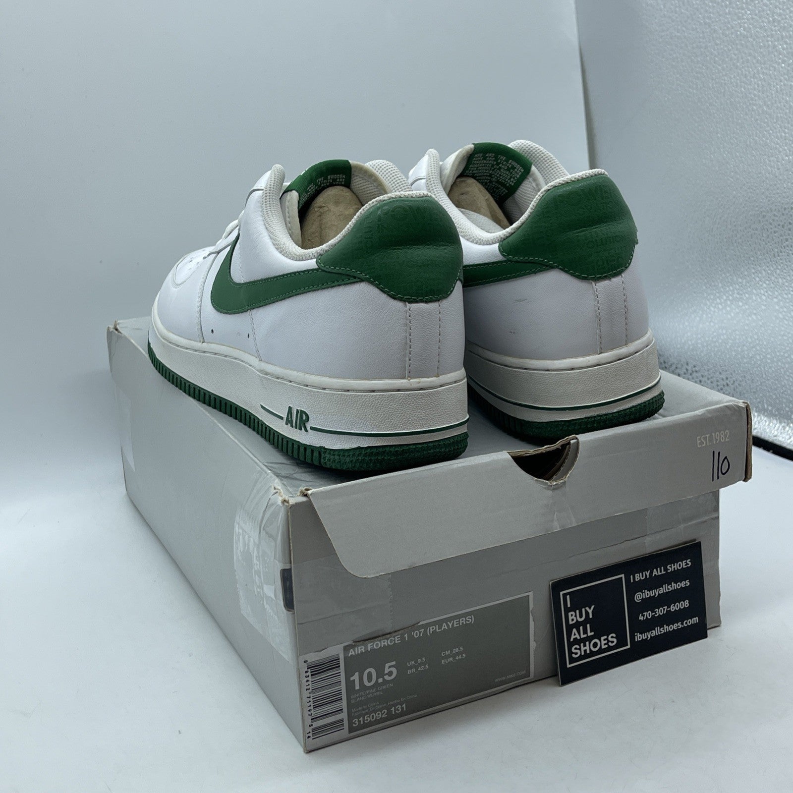 Size 10.5 - Nike Air Force 1'07 Players Green White Leather (315092-131)