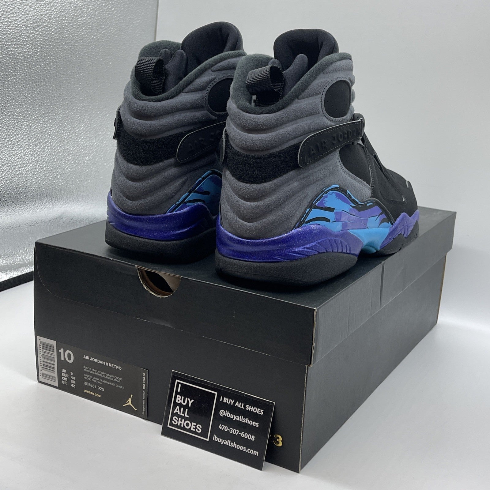 Size 10 - Jordan 8 Retro Aqua 2015 Black Grey Suede (305381-025)
