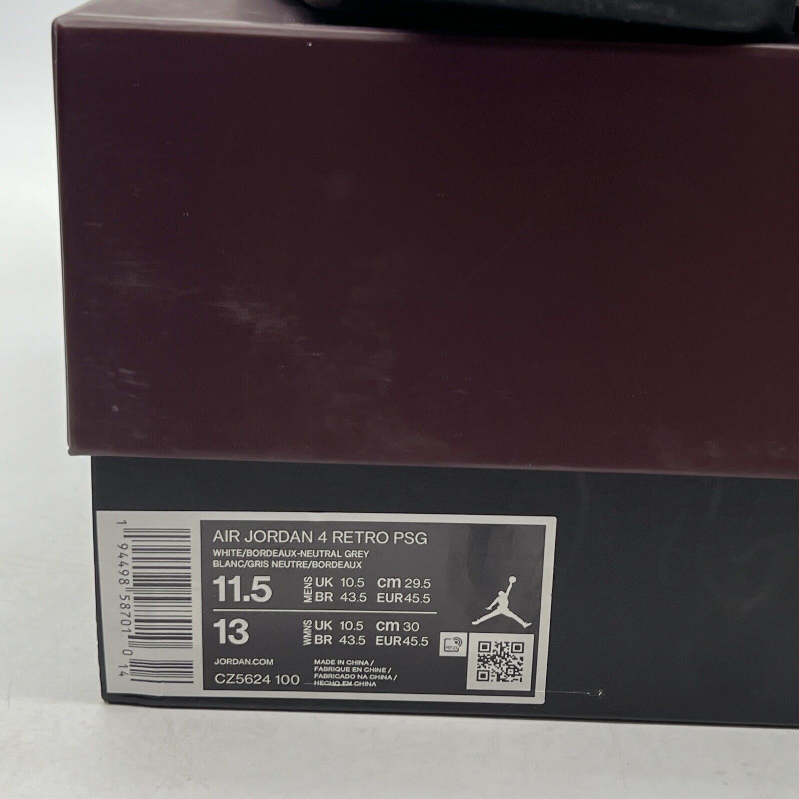 Size 11.5 - Jordan 4 Retro x Paris Saint-Germain Bordeaux 2020 (CZ5624-100)