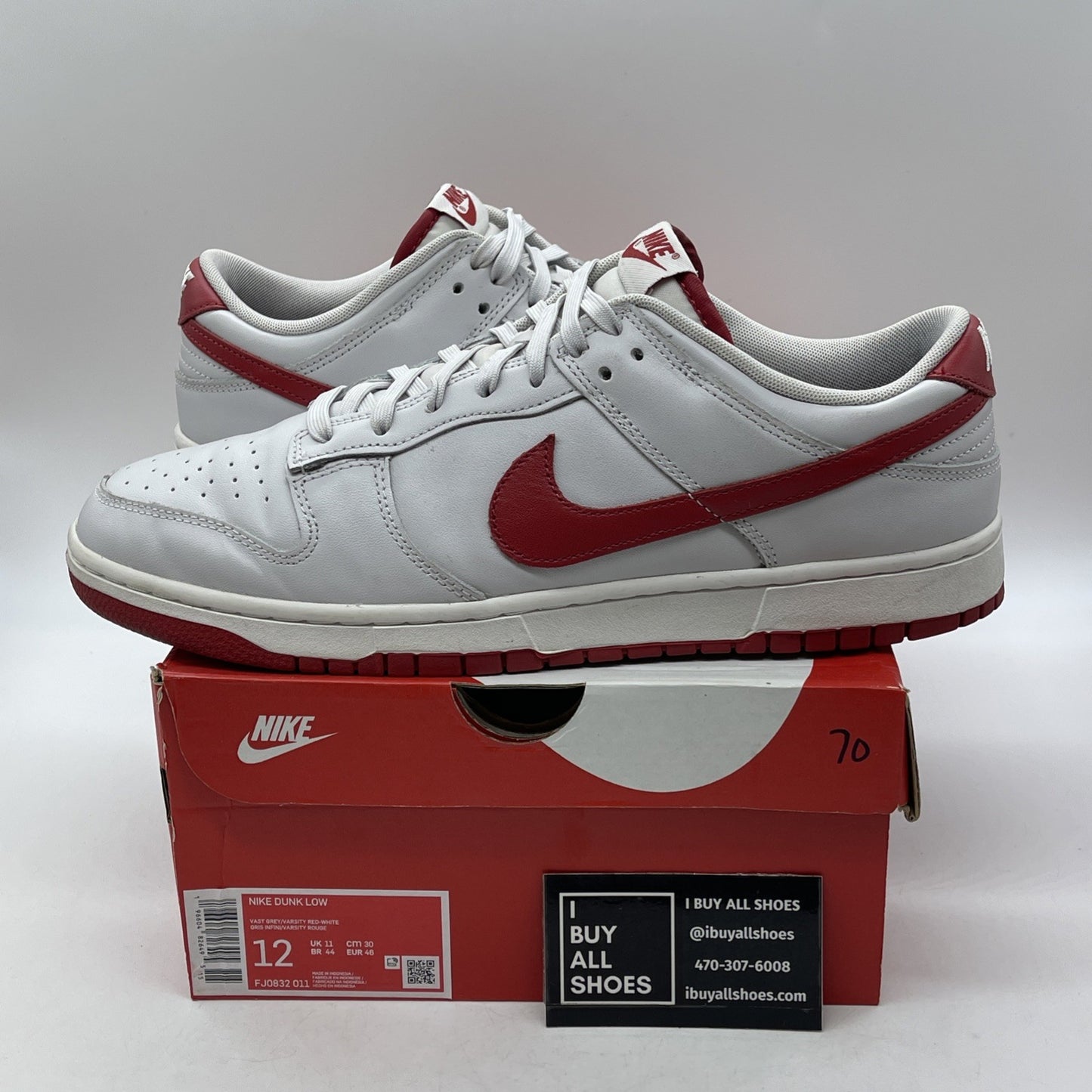 Size 12 - Dunk Low Vast Grey Varsity Red White Leather (FJ0832-011)