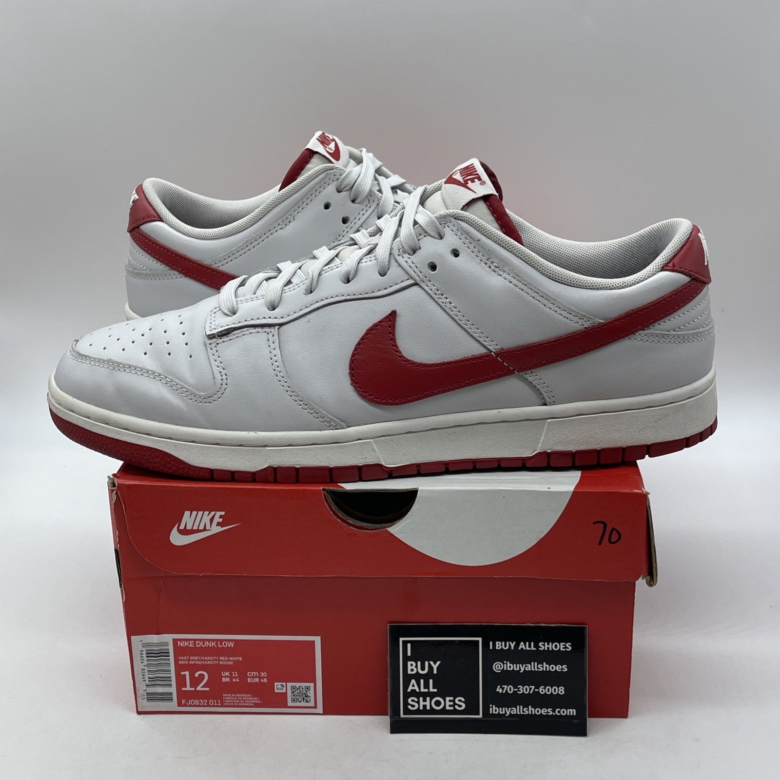 Size 12 - Dunk Low Vast Grey Varsity Red White Leather (FJ0832-011)