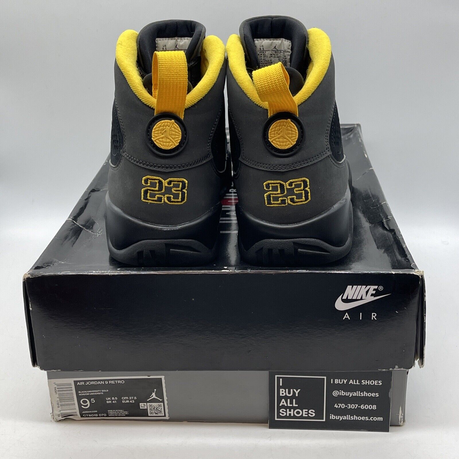 Size 9.5 - Jordan 9 Retro Black Grey Yellow Suede Leather (CT8019-070)