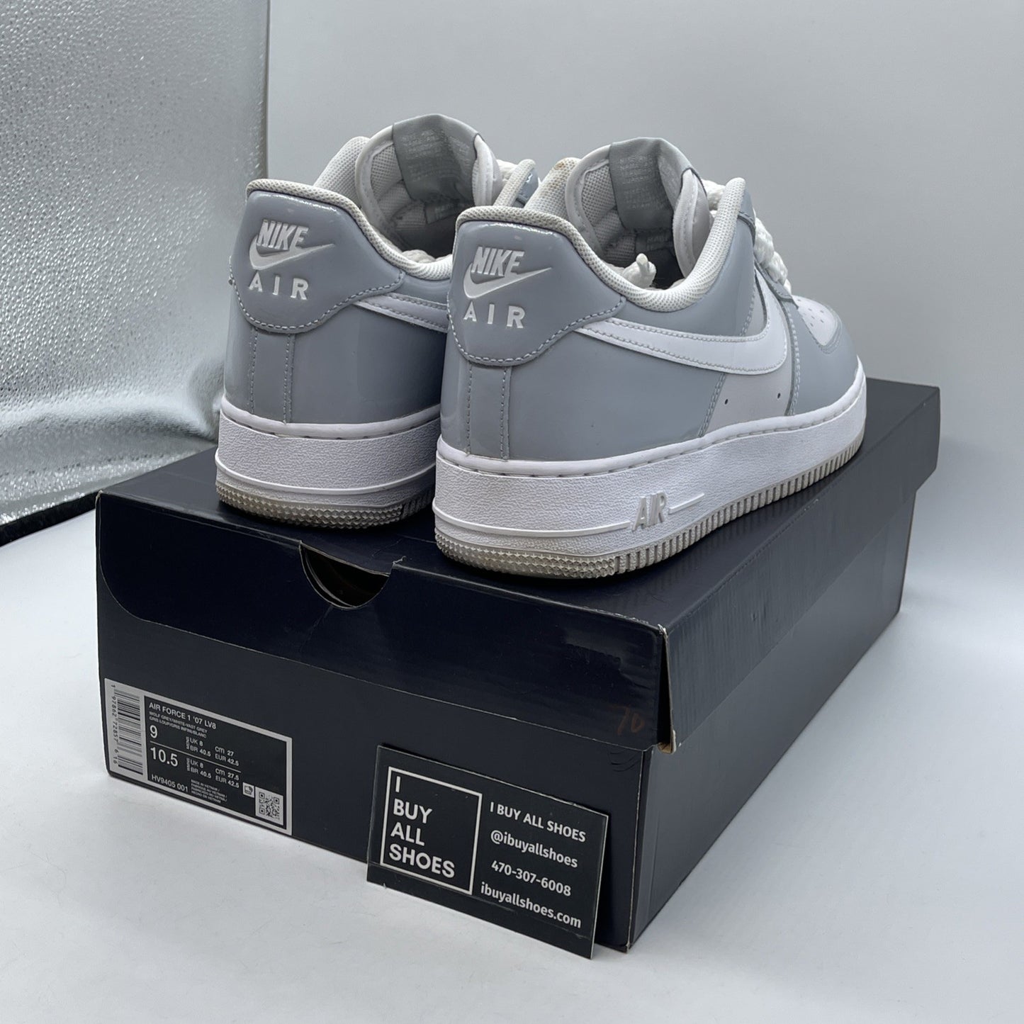Size 9 - Nike Air Force 1 '07 LV8 Wolf Grey Patent White Leather (HV9405-001)