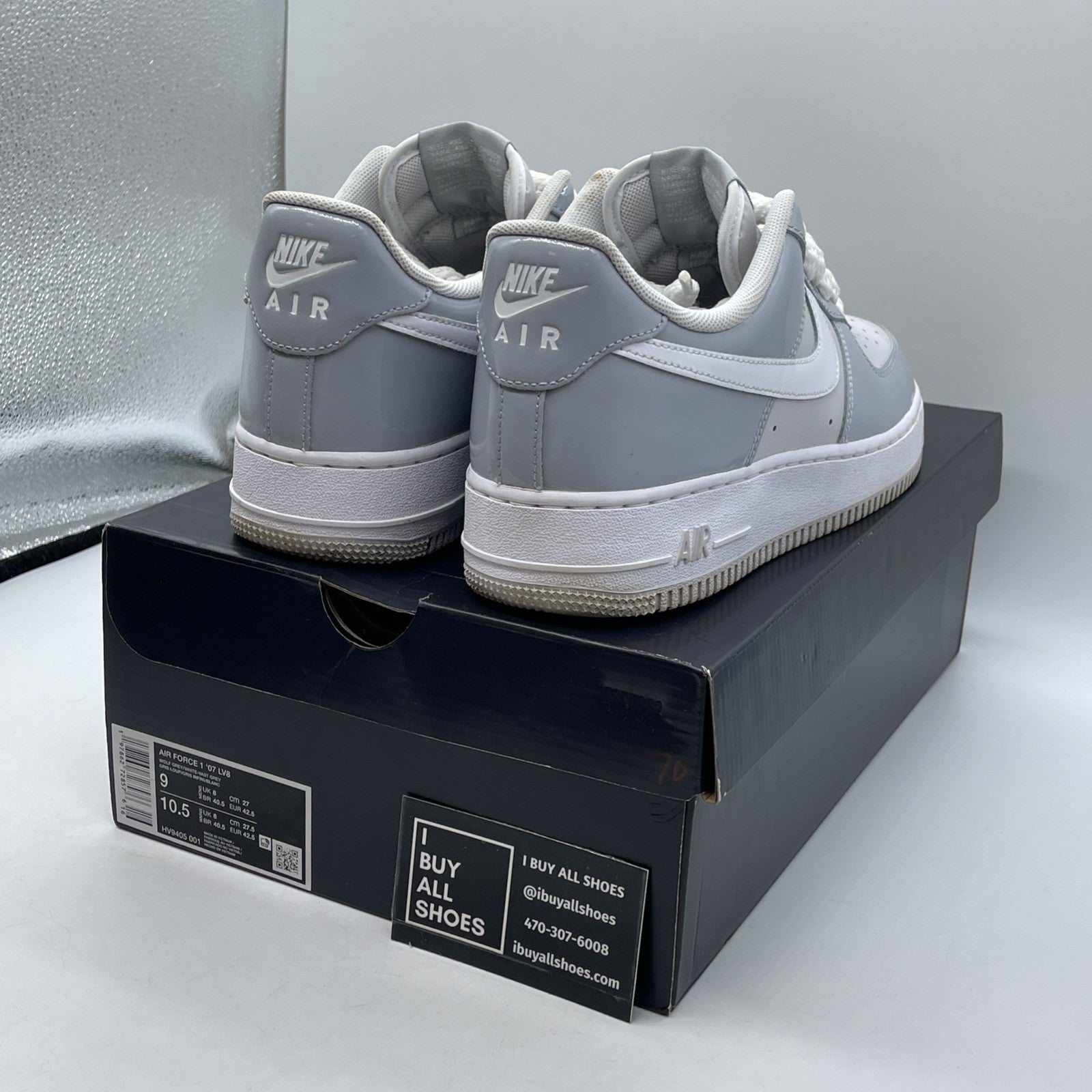 Size 9 - Nike Air Force 1 '07 LV8 Wolf Grey Patent White Leather (HV9405-001)