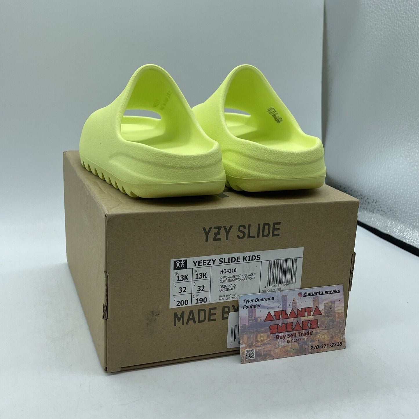 Size 13K - Kids Adidas Yeezy Slides Glow Green Rubber (HQ4116)