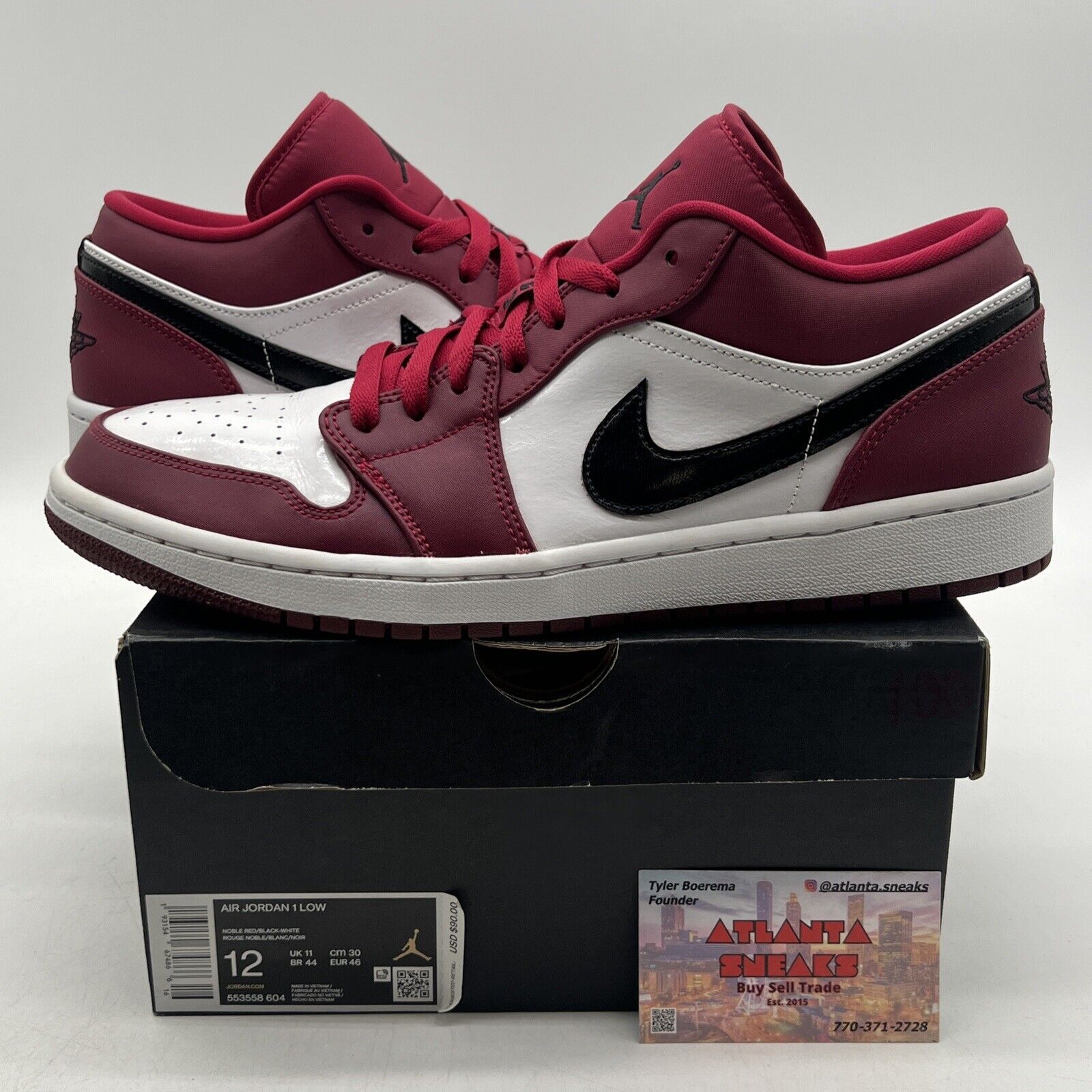 Size 12 - Air Jordan 1 Low Noble Red White Black Leather Maroon (553558-604)