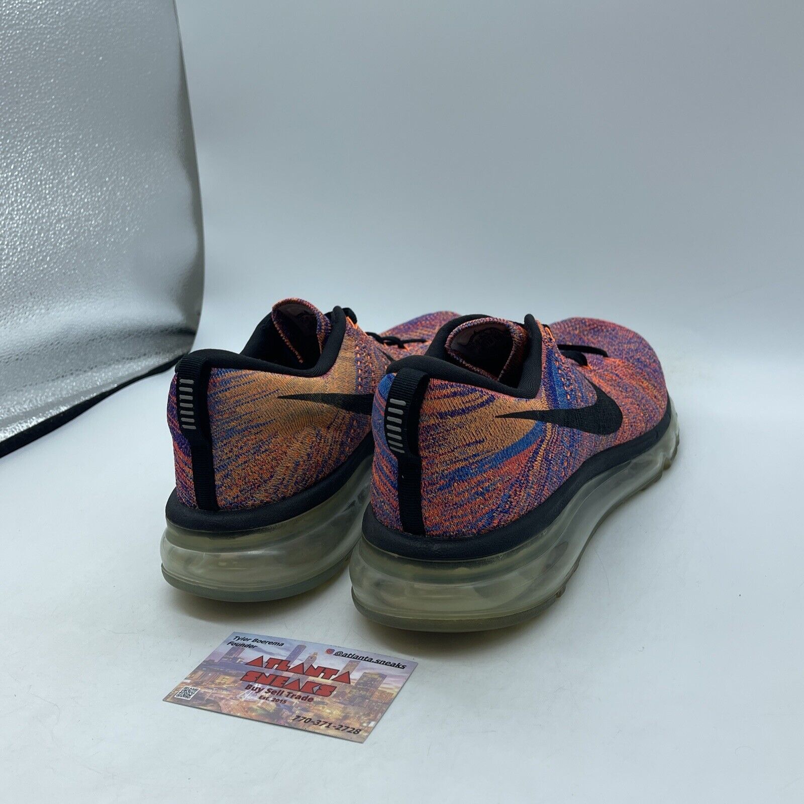 Size 10.5 - Nike Flyknit Air Max Blue Concord Crimson Orange Suede (620469-404)