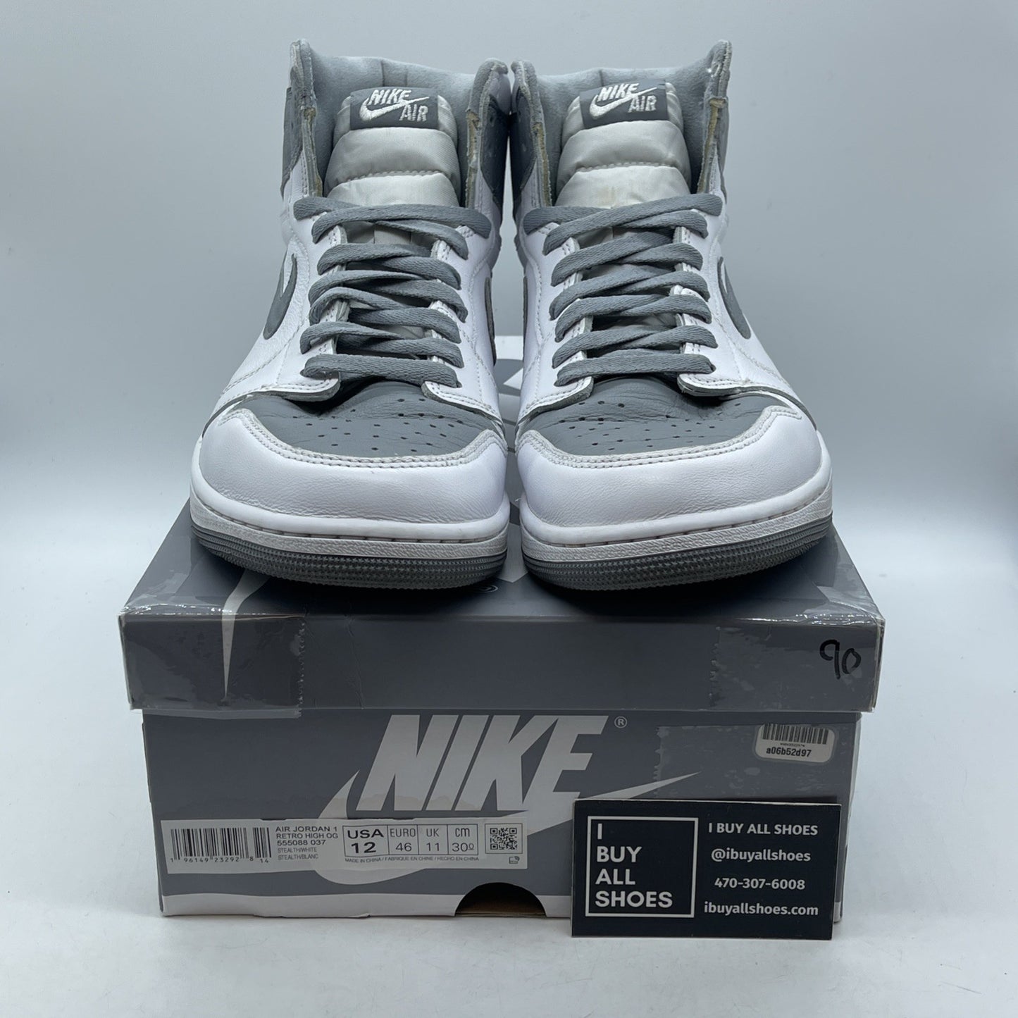 Size 12 - Jordan 1 Retro High OG Stealth Grey White Leather (555088-037)