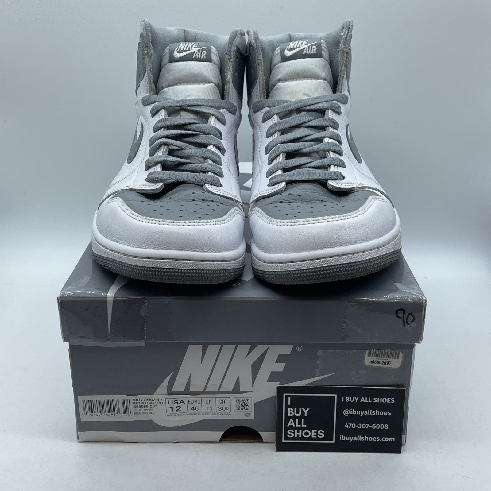Size 12 - Jordan 1 Retro High OG Stealth Grey White Leather (555088-037)