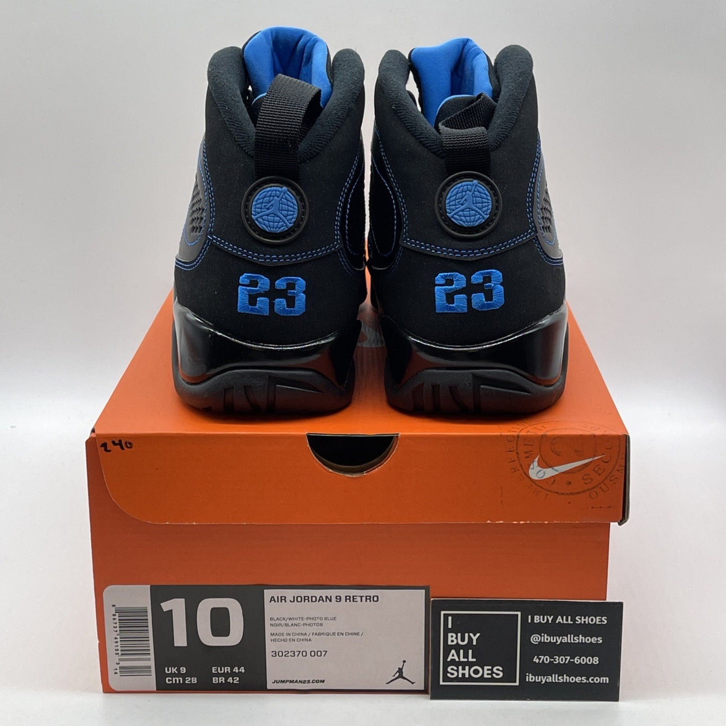 Size 10 - Air Jordan 9 Retro Photo Blue Black Leather (302370-007)