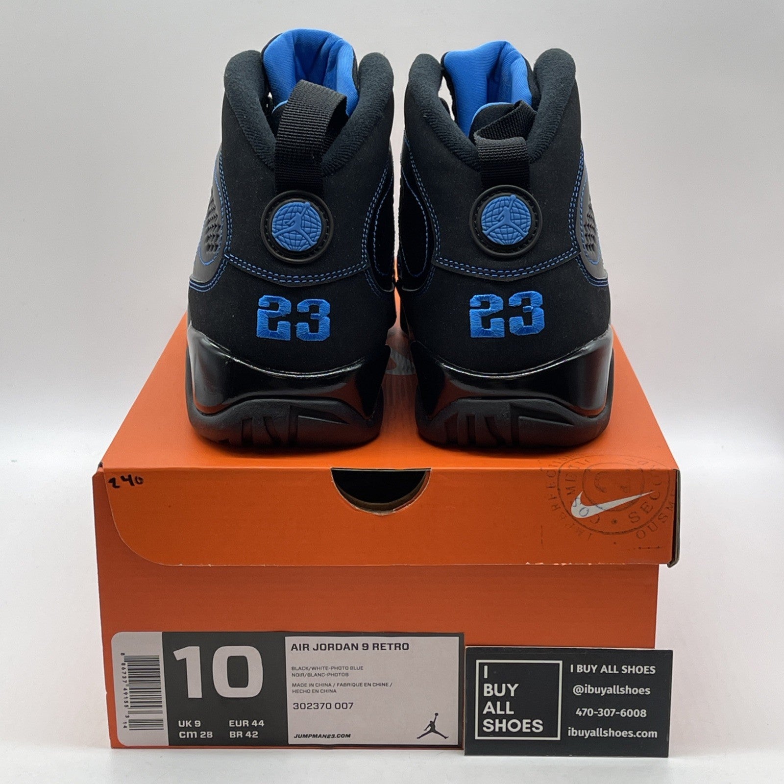 Size 10 - Air Jordan 9 Retro Photo Blue Black Leather (302370-007)