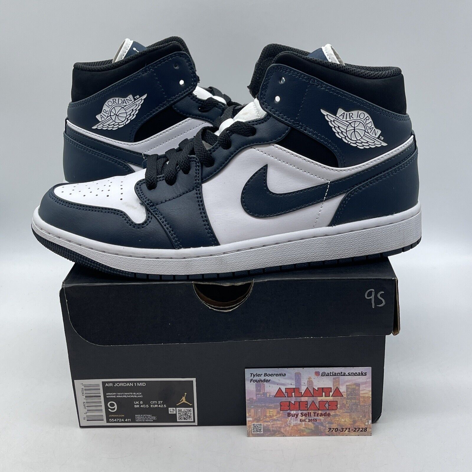 Size 9 - Jordan 1 Mid Armory Navy 2021 White Leather Black Suede (554724-411)