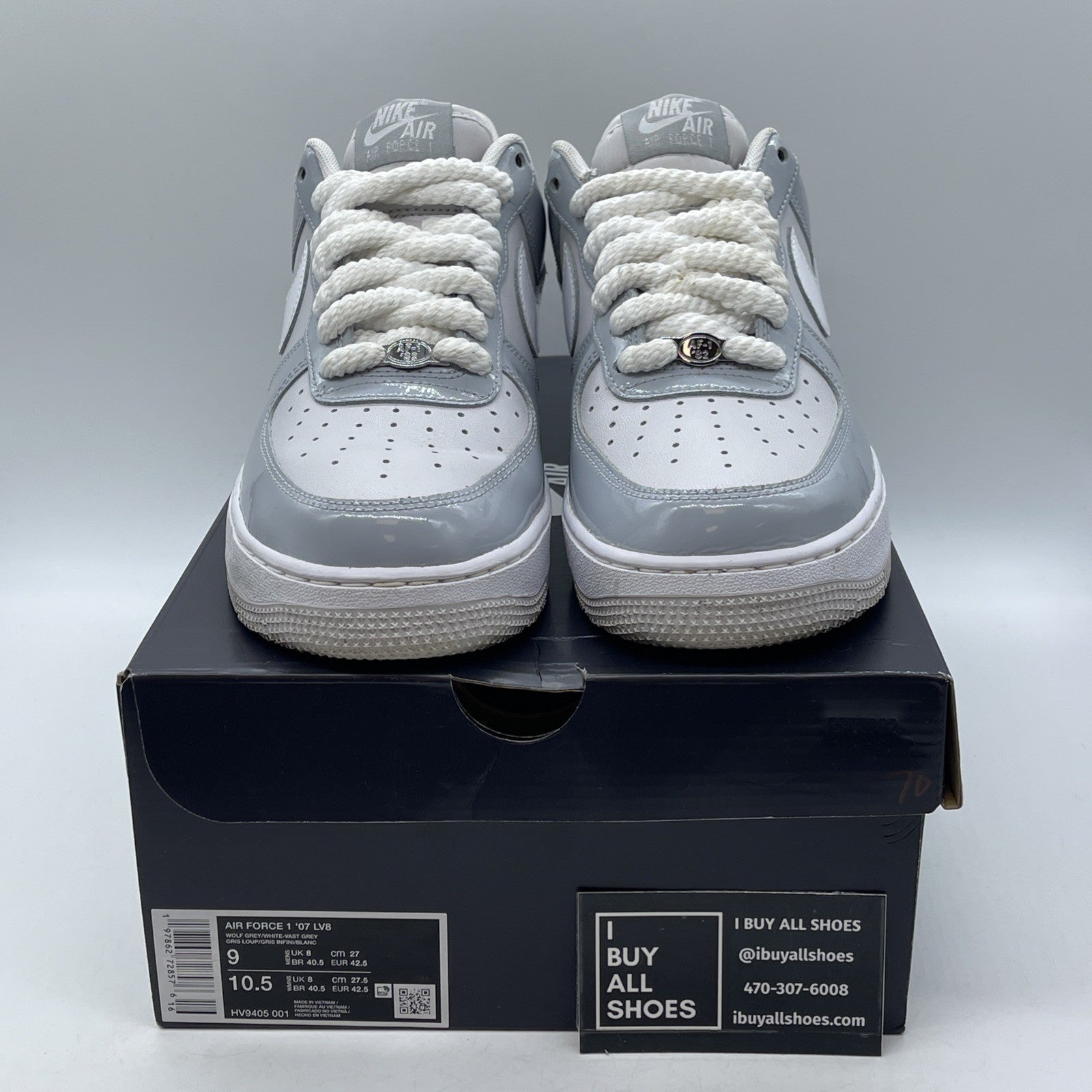 Size 9 - Nike Air Force 1 '07 LV8 Wolf Grey Patent White Leather (HV9405-001)