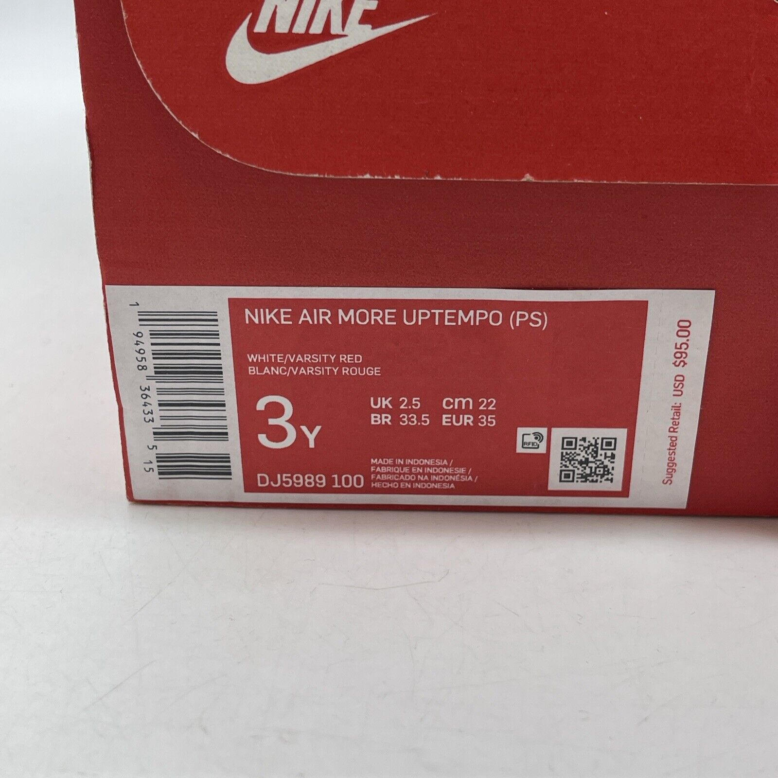 Size 3Y - Nike Air More Uptempo Mid White Varsity Red White Leather (DJ5989-100)