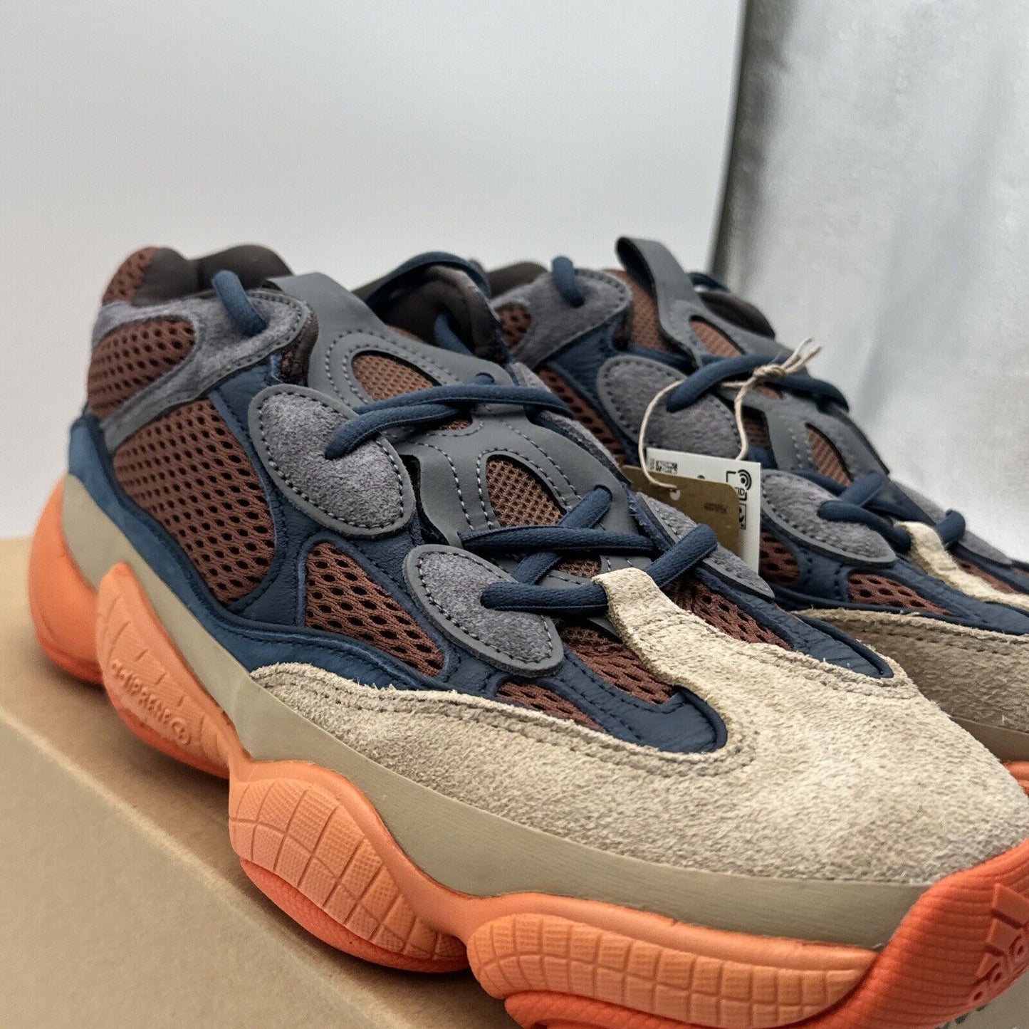 Size 10 - adidas Yeezy 500 Enflame Orange Sole Brown Sides Blue Mesh Navy Leathr