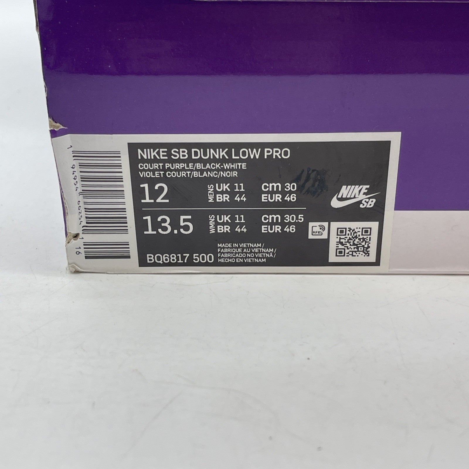Size 12 - Nike Dunk SB Low Court Purple White Black Leather (BQ6817-500)