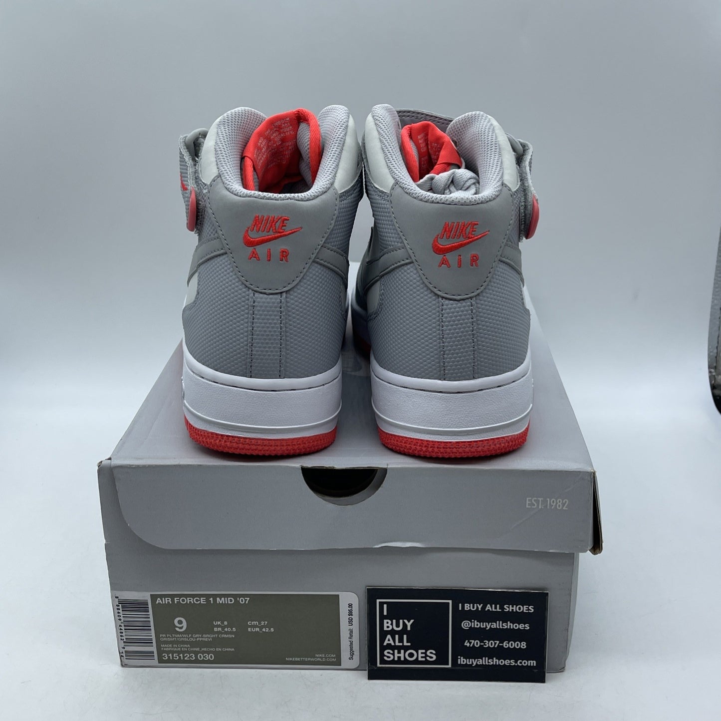 Size 9 - Nike Air Force 1 '07 Mid Pure Platinum Crimson (315123-030)
