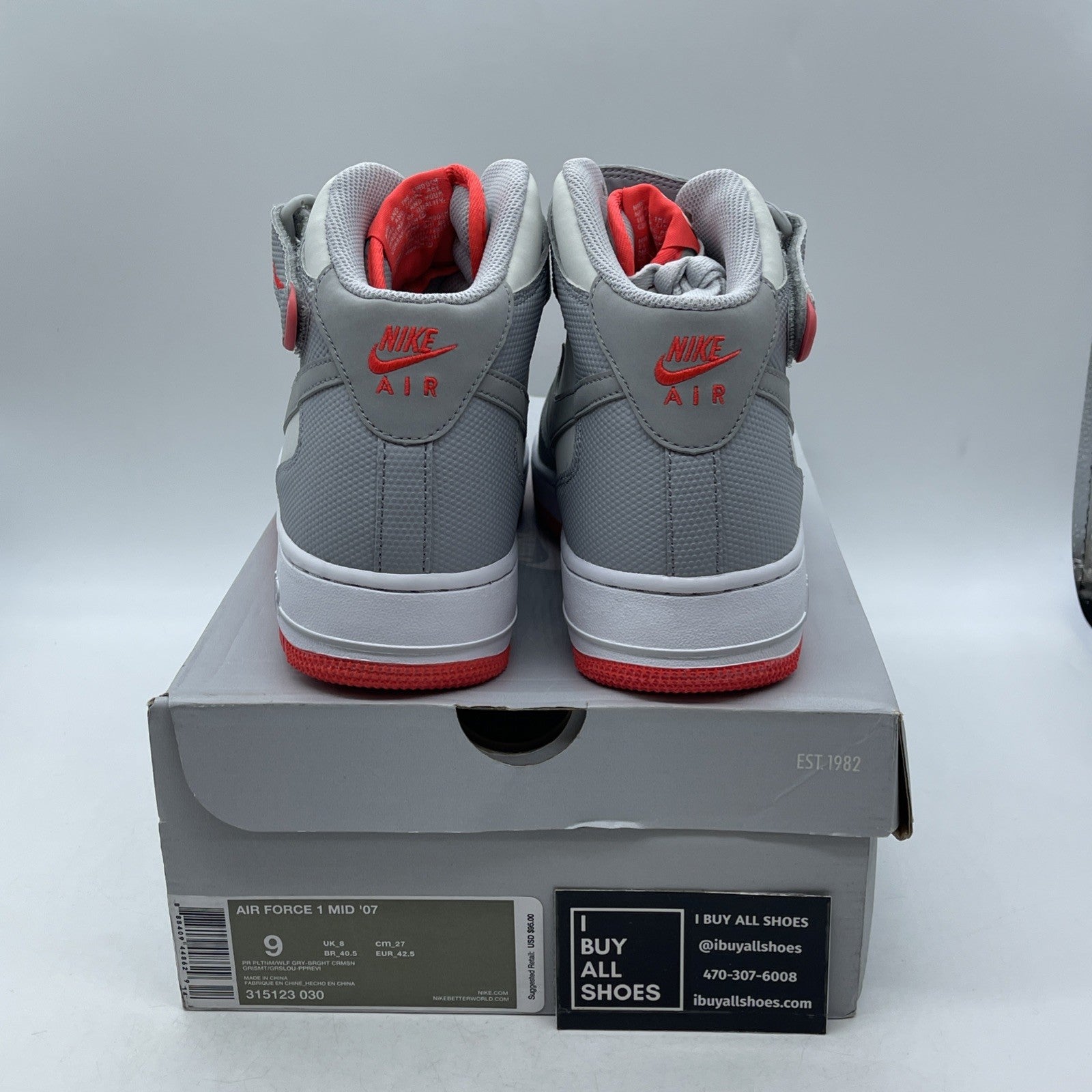 Size 9 - Nike Air Force 1 '07 Mid Pure Platinum Crimson (315123-030)