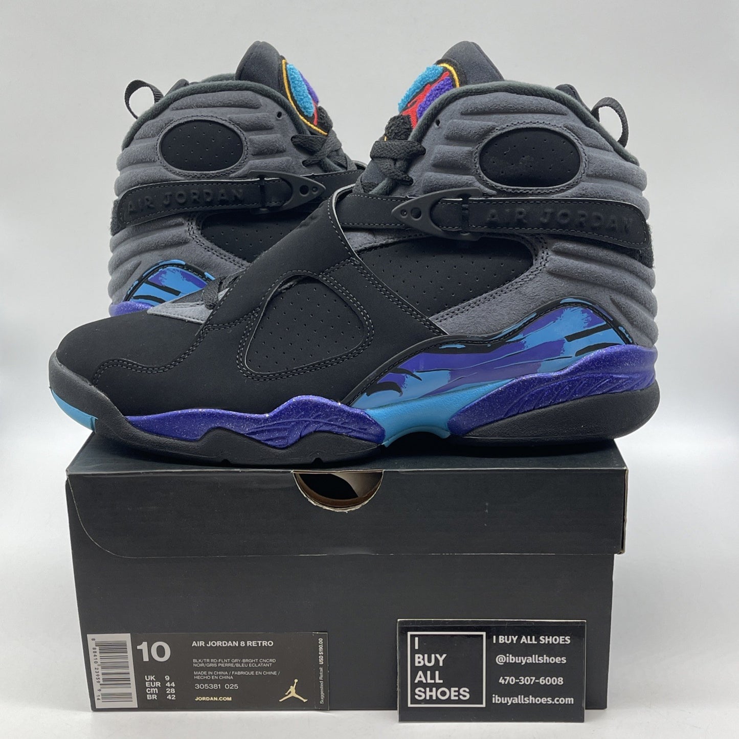Size 10 - Jordan 8 Retro Aqua 2015 Black Grey Suede (305381-025)