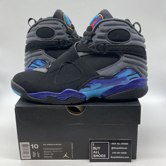 Size 10 - Jordan 8 Retro Aqua 2015 Black Grey Suede (305381-025)