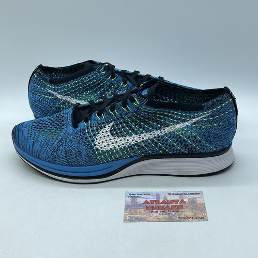 Size 11 - Nike Flyknit Racer Blue Glow White Black Suede Leather (526628-402)