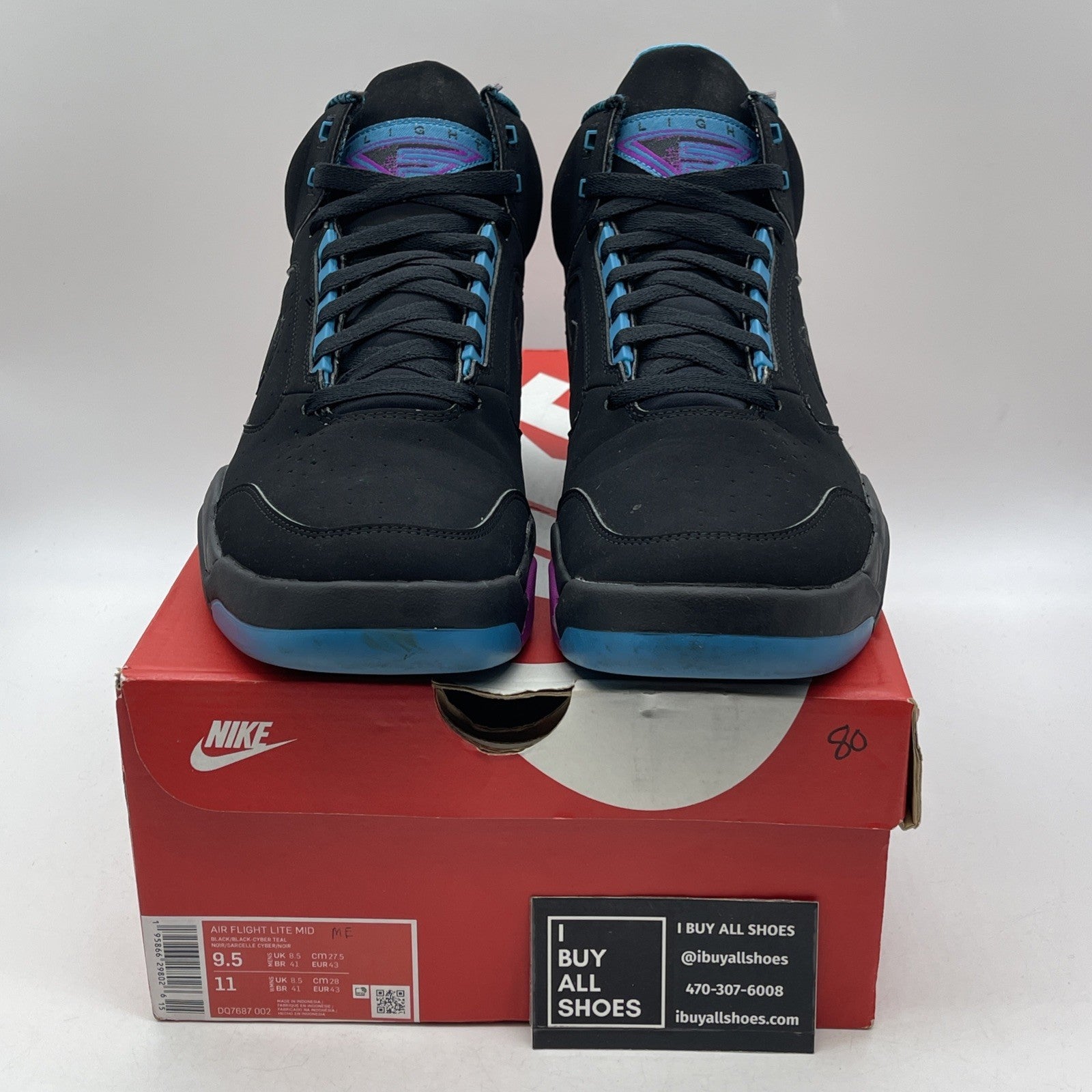 Size 9.5 - Nike Air Flight Lite Mid Black Cyber Teal (DQ7687-002)
