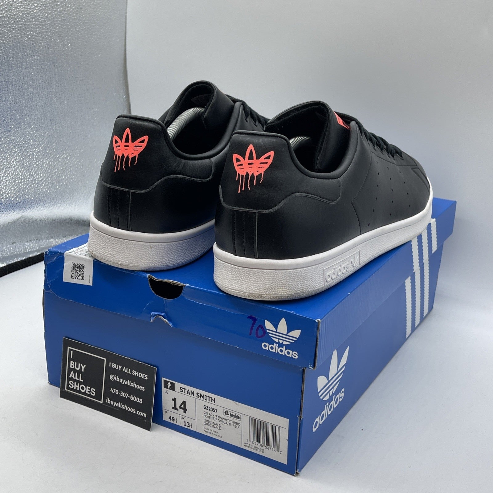 Size 14 - adidas Stan Smith Black Turbo Black Red Leather (GZ2057)