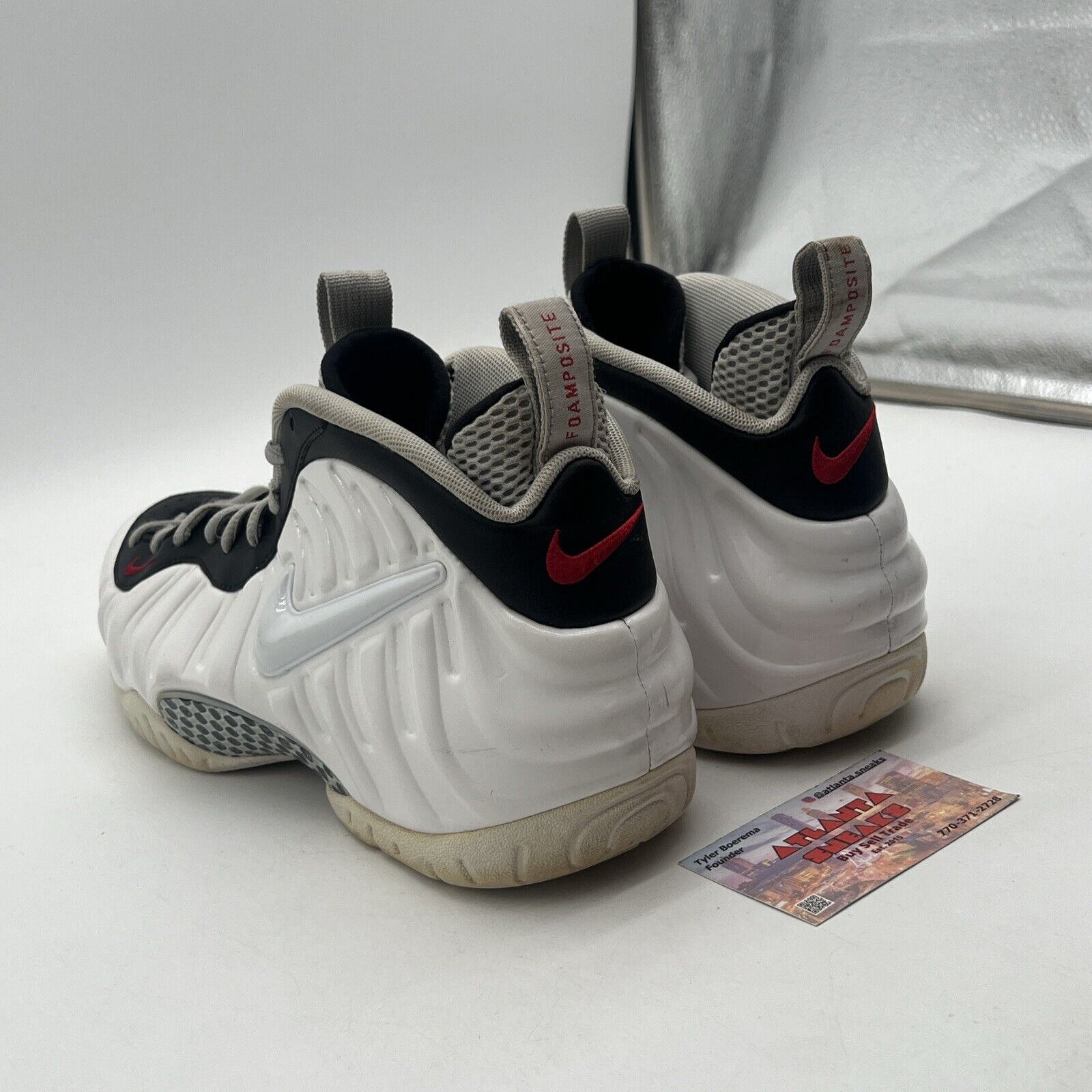 Size 10.5 - Nike Air Foamposite Pro Chrome White White Suede Red (624041-103)