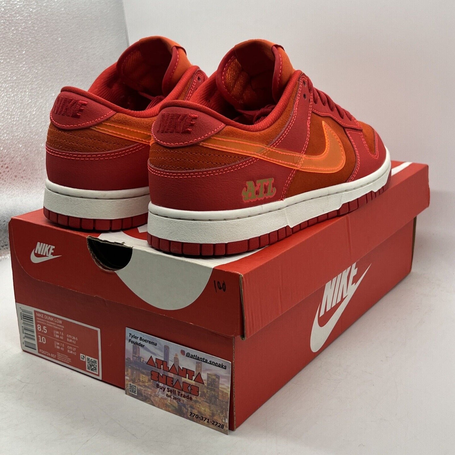 Size 8.5 - Nike Dunk Low ATL - Red Orange Suede White (FD0724-657)