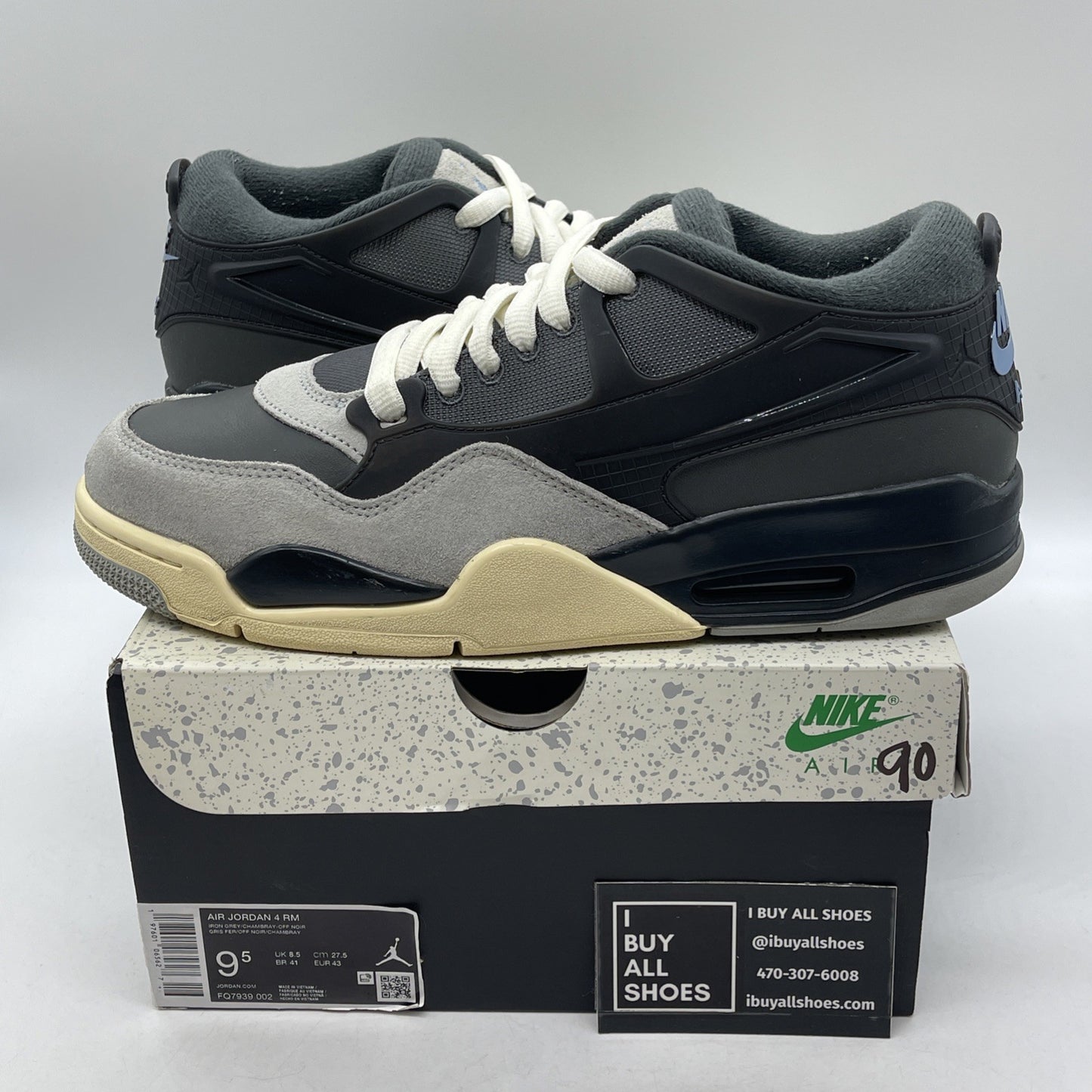 Size 9.5 - Air Jordan 4 RM Iron Grey Black Blue Suede Leather (FQ7939-002)