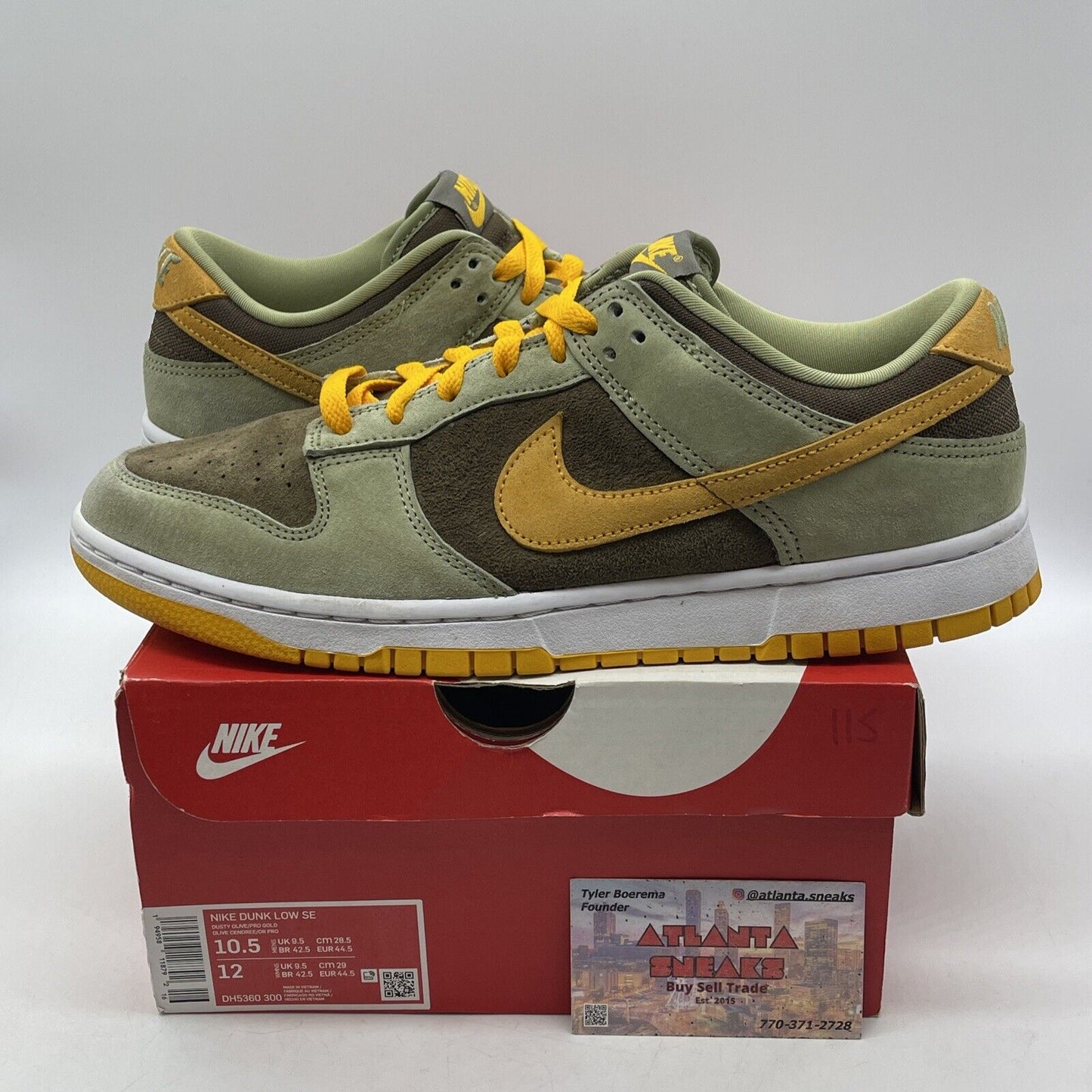 Size 10.5 - Nike Dunk Low Dusty Olive Brown Yellow Suede White (DH5360-300)