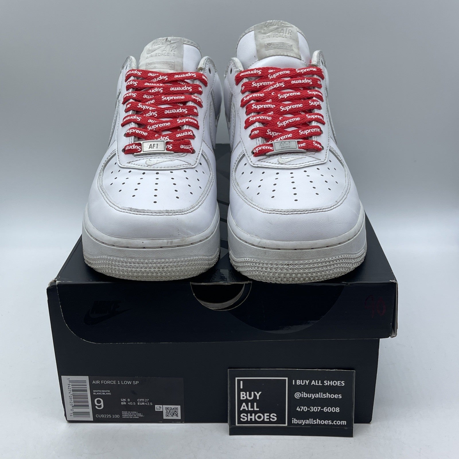 Size 9 - Nike Air Force 1 x Supreme Low Box Logo White Red Leather (CU9225-100)