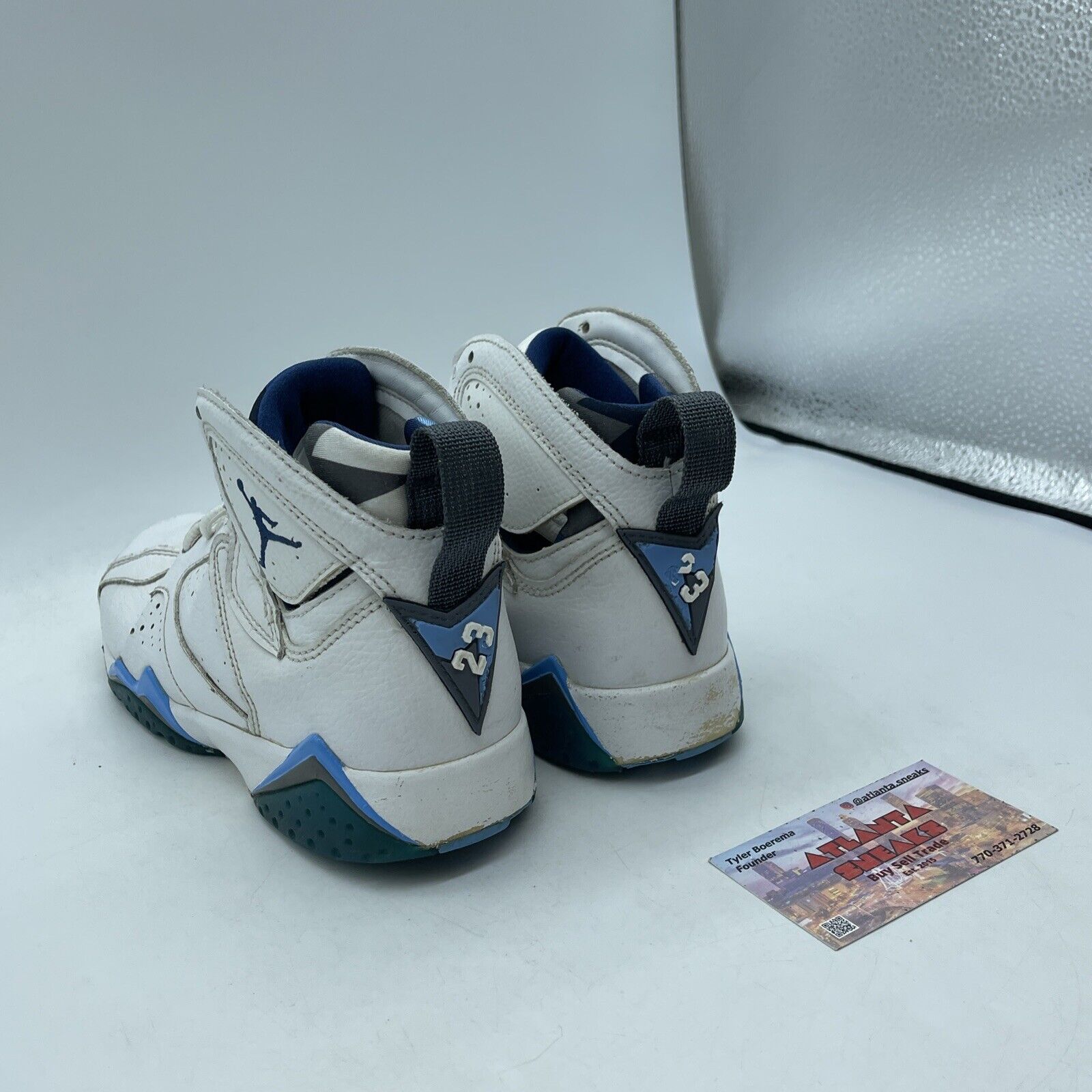 Size 4.5 (GS) - Jordan 7 Mid French Blue White Green Grey Leather (304774-107)