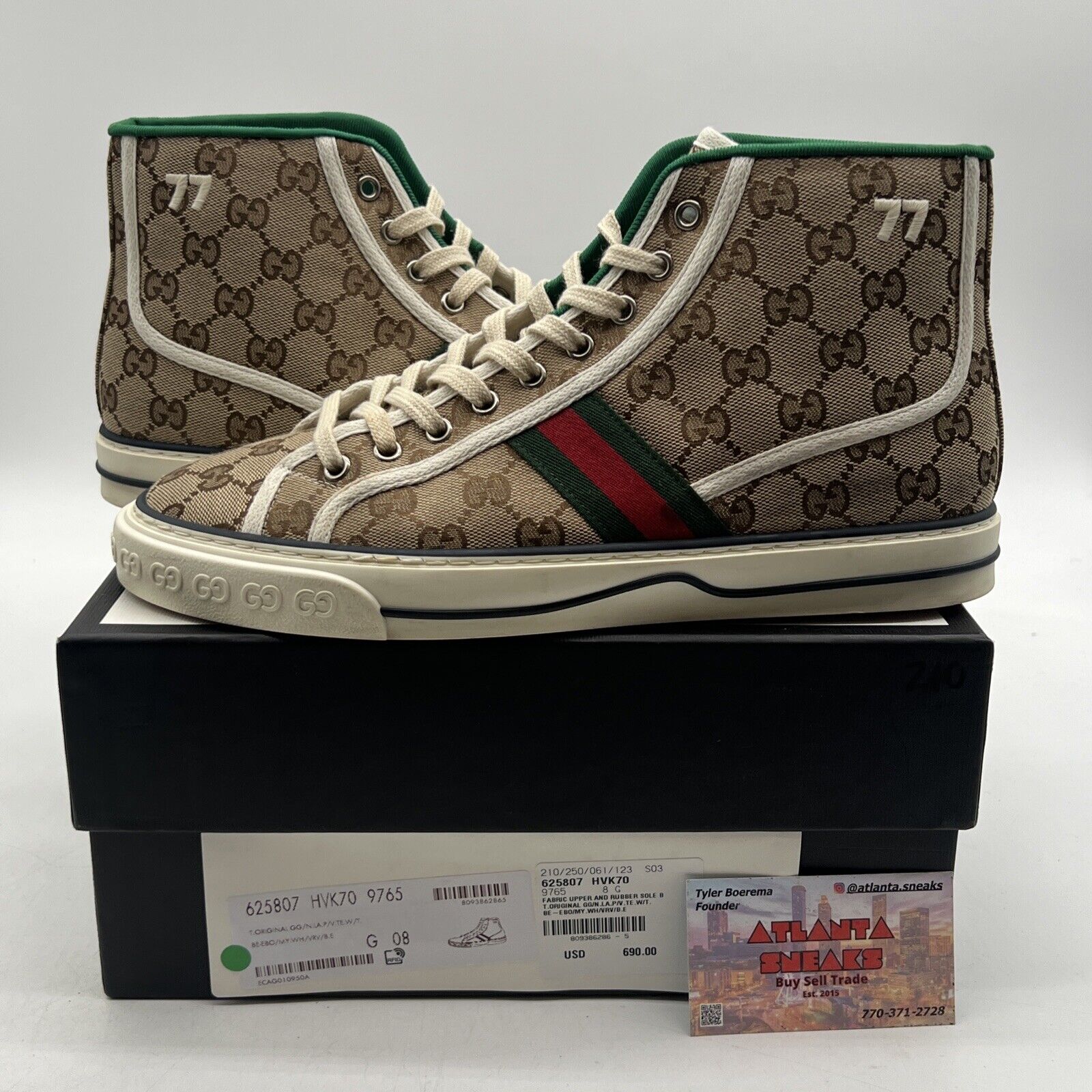 Size 8.5 - Men's Gucci Tennis 1977 High Top Sneaker Beige/Green/Red