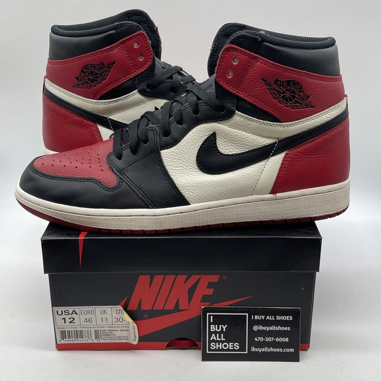 Size 12 - Jordan 1 Retro OG High Bred Toe Black Red Leather (555088-610)