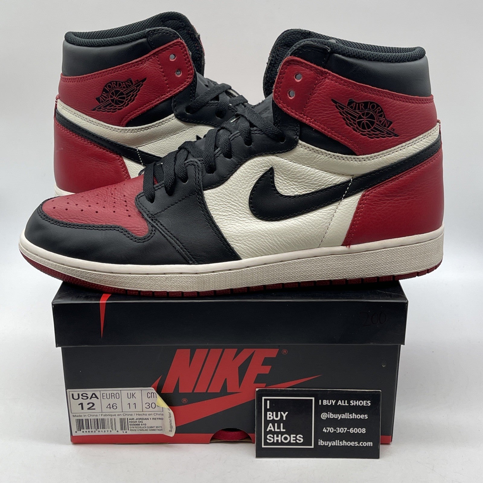 Size 12 - Jordan 1 Retro OG High Bred Toe Black Red Leather (555088-610)