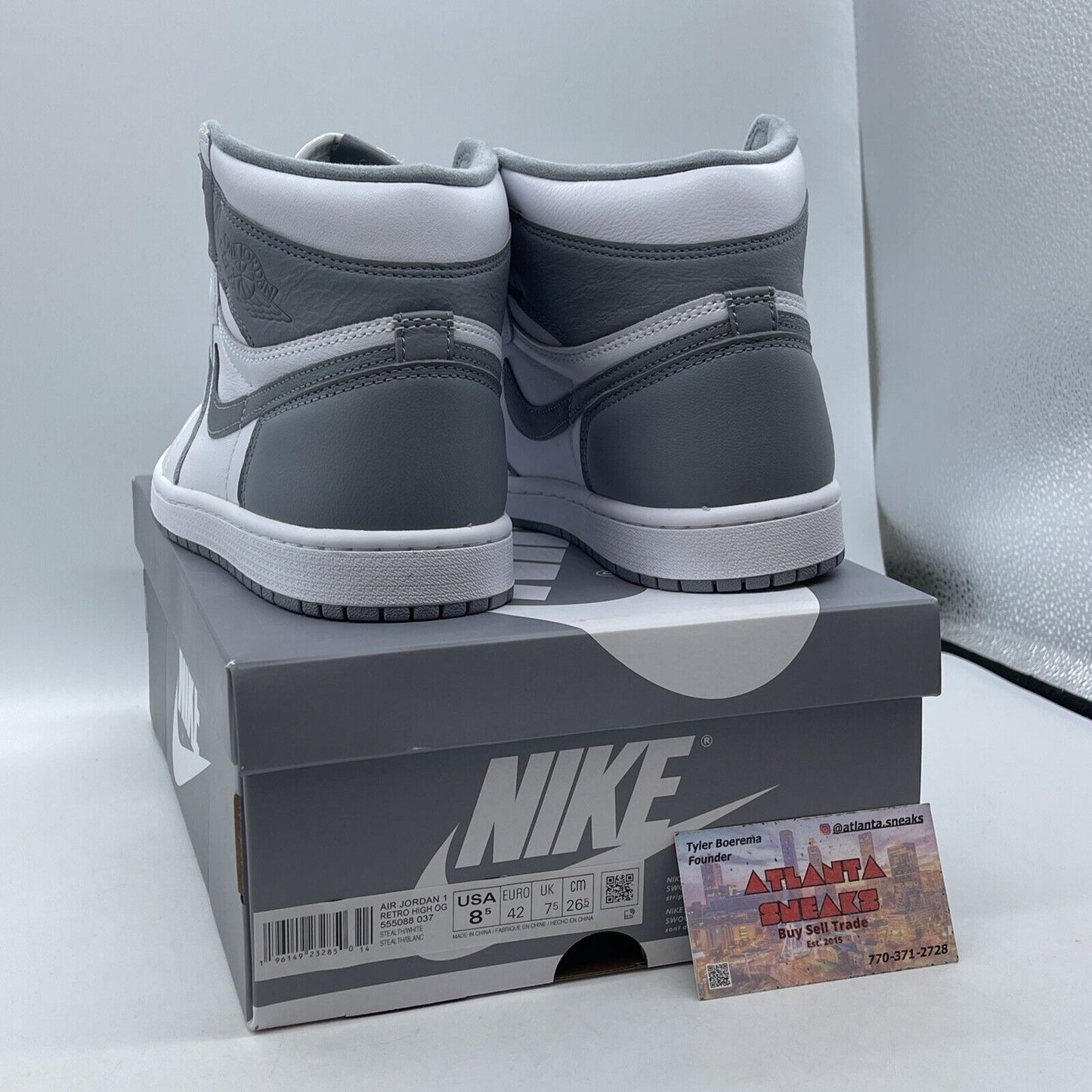 Size 8.5 - Jordan 1 Retro High OG Stealth Grey White Leather (555088-037)