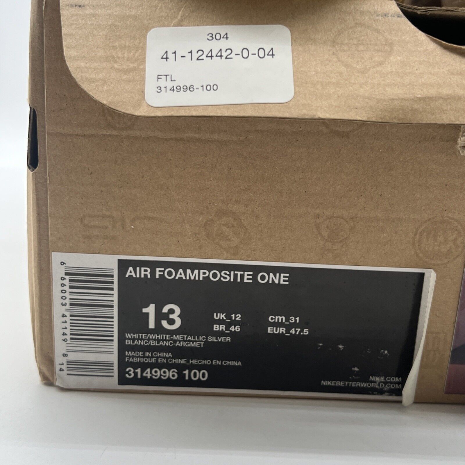 Size 13 - Nike Air Foamposite One White-Out (314996-100)