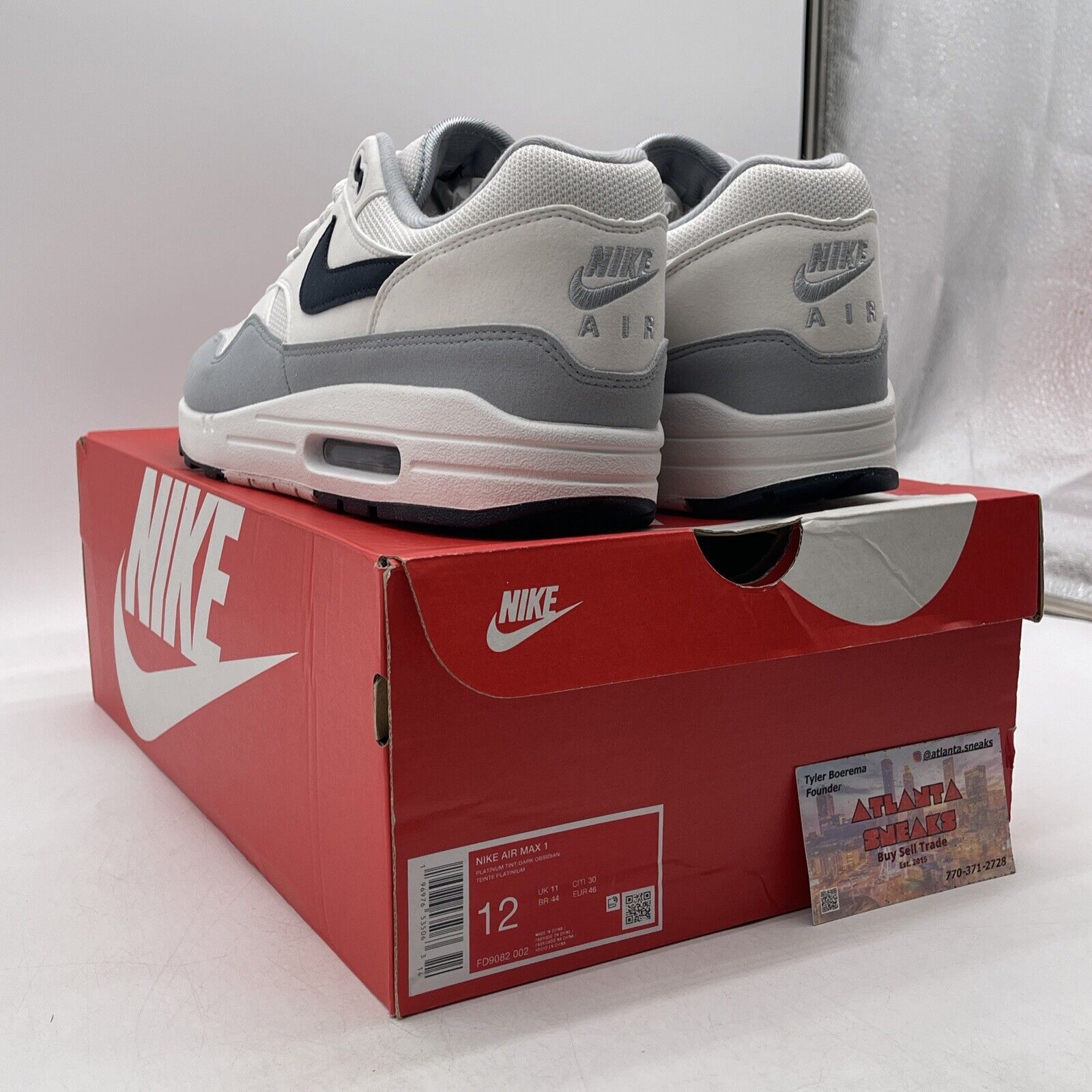 Size 12 - Nike Air Max 1 Pure Platinum Dark Obsidian White Suede (FD9082-002)